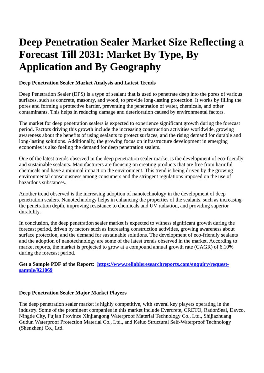 Reportprime - Deep Penetration Sealer Market Size Reflecting a Forecast  Till 2031: Market By Type, By Application and By Geography - Page 1