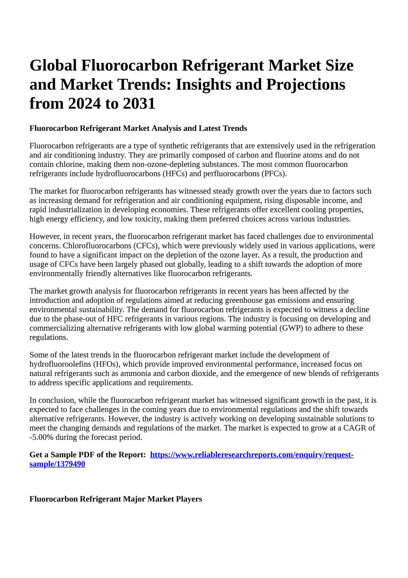 Reportprime Global Fluorocarbon Refrigerant Market Size and Market