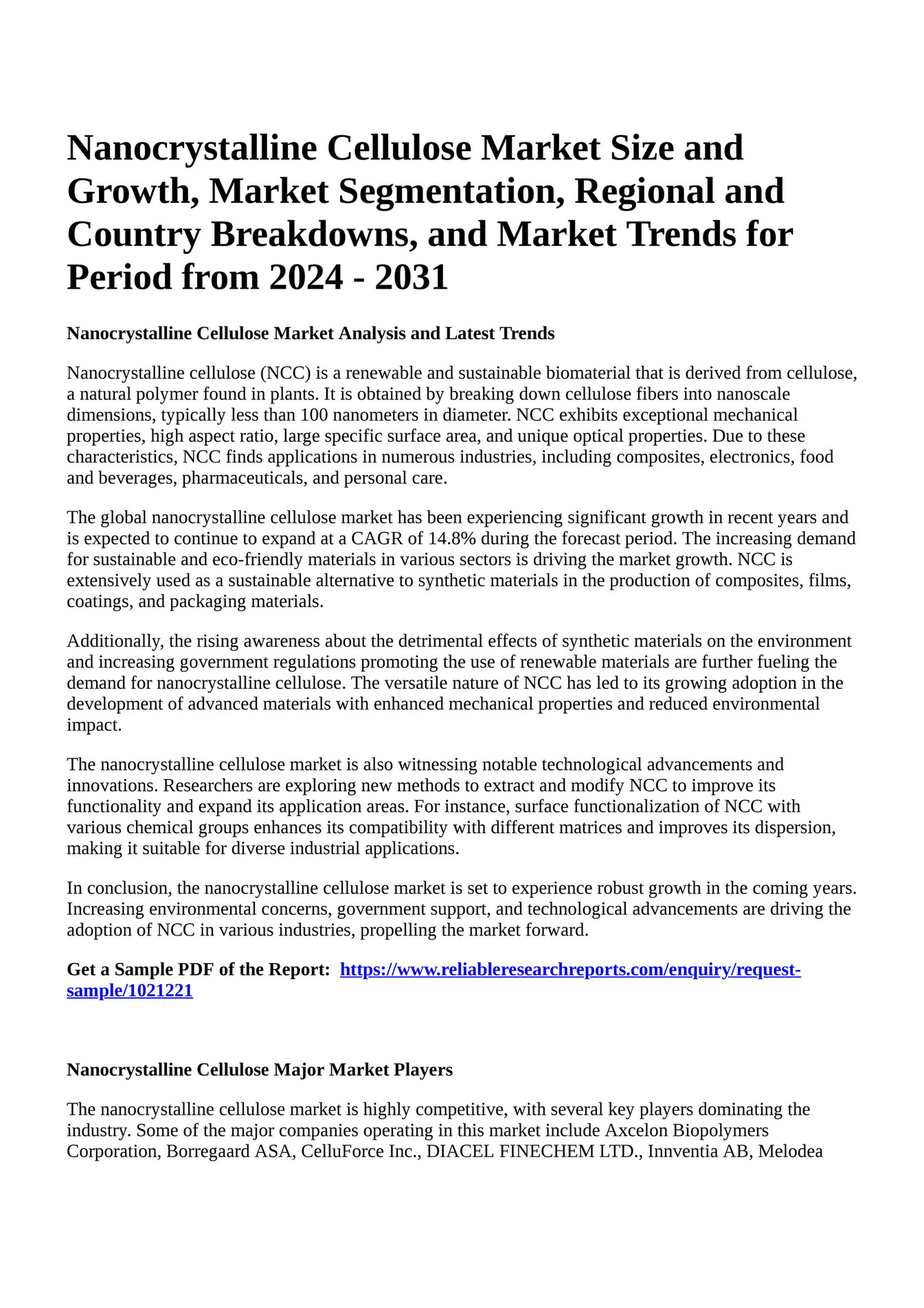 Reportprime - Nanocrystalline Cellulose Market Size and Growth, Market ...