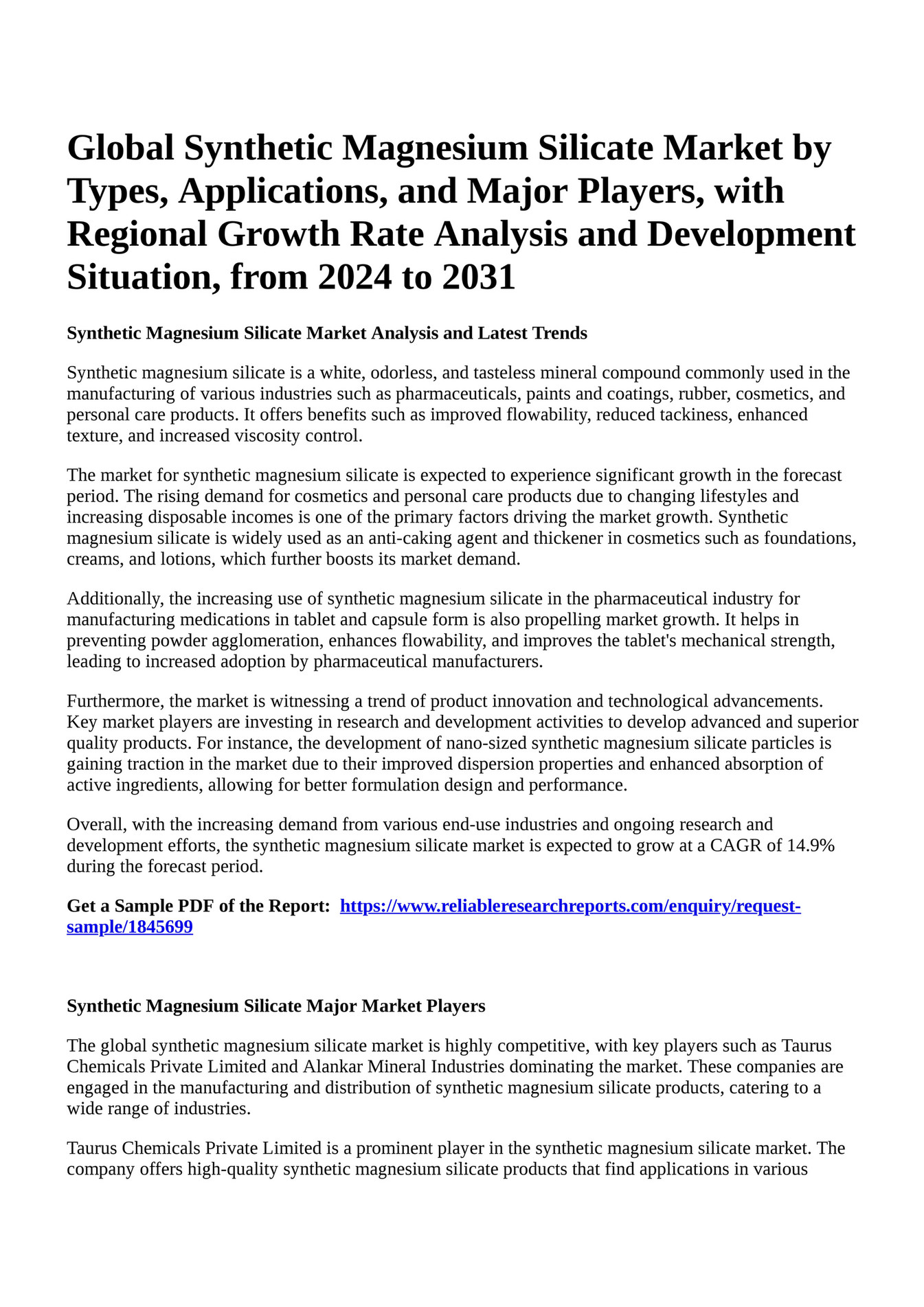 Reportprime Global Synthetic Magnesium Silicate Market by Types