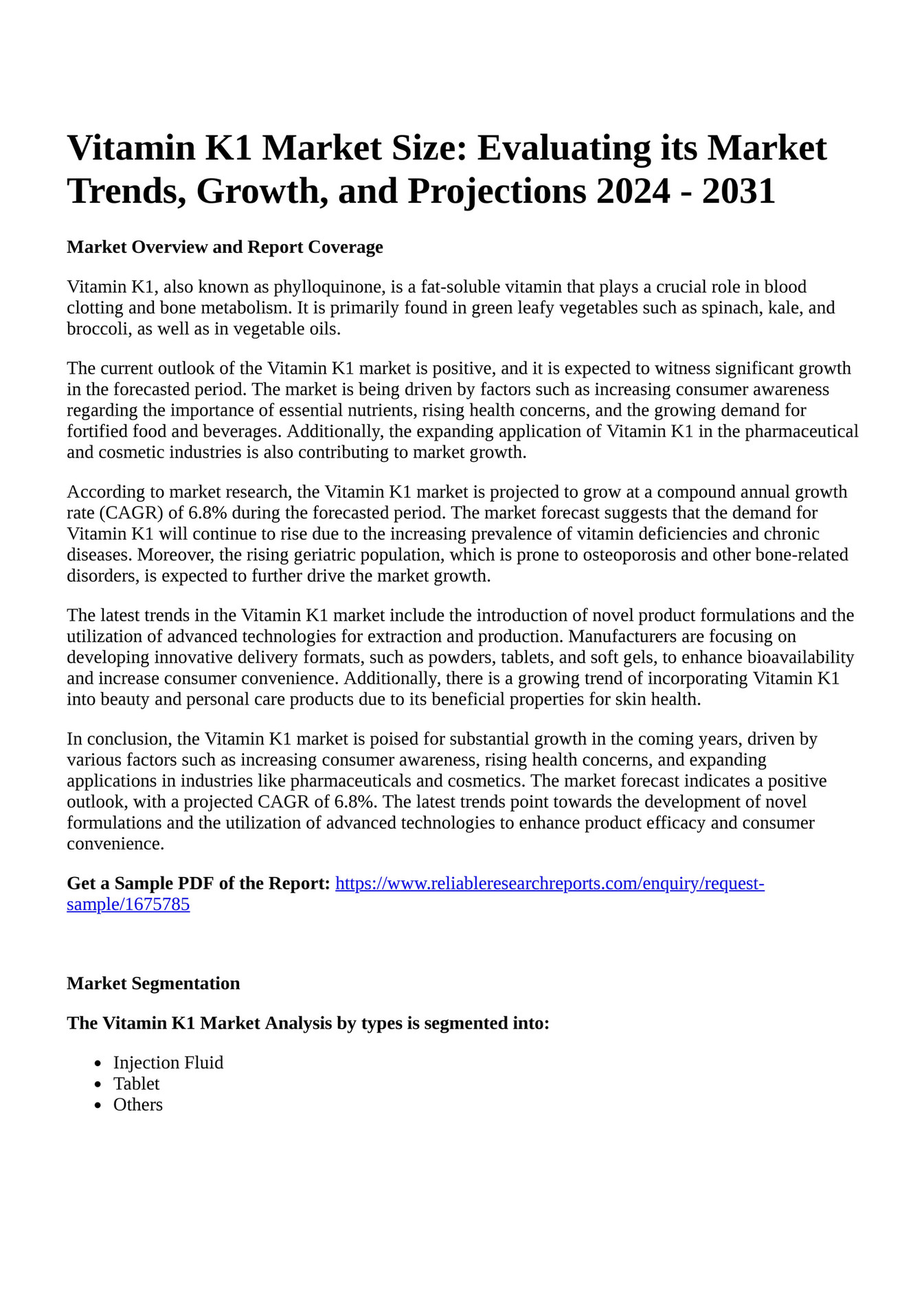 Reportprime Vitamin K1 Market Size Evaluating its Market Trends