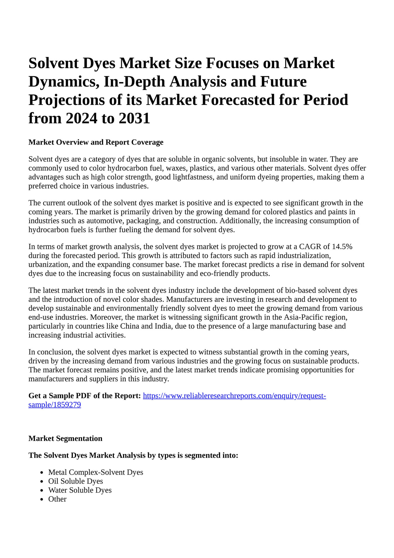 Reportprime - Solvent Dyes Market Size Focuses on Market Dynamics, In ...