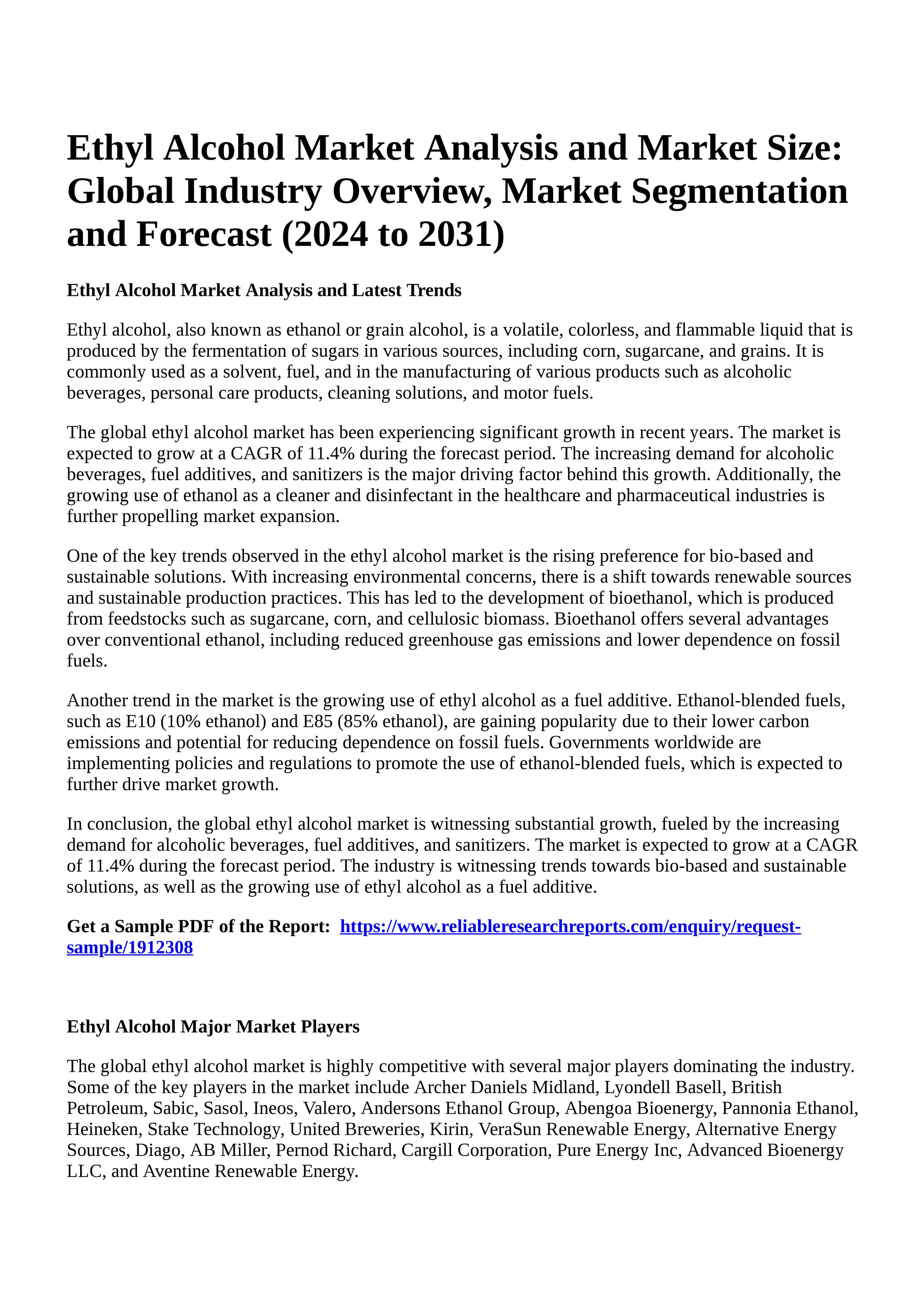 Reportprime Ethyl Alcohol Market Analysis and Market Size