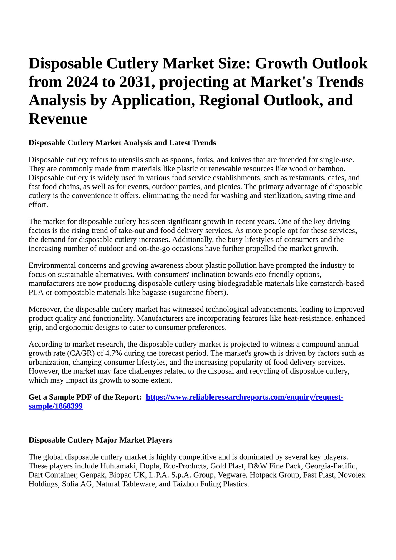 Reportprime Disposable Cutlery Market Size Growth Outlook from 2024