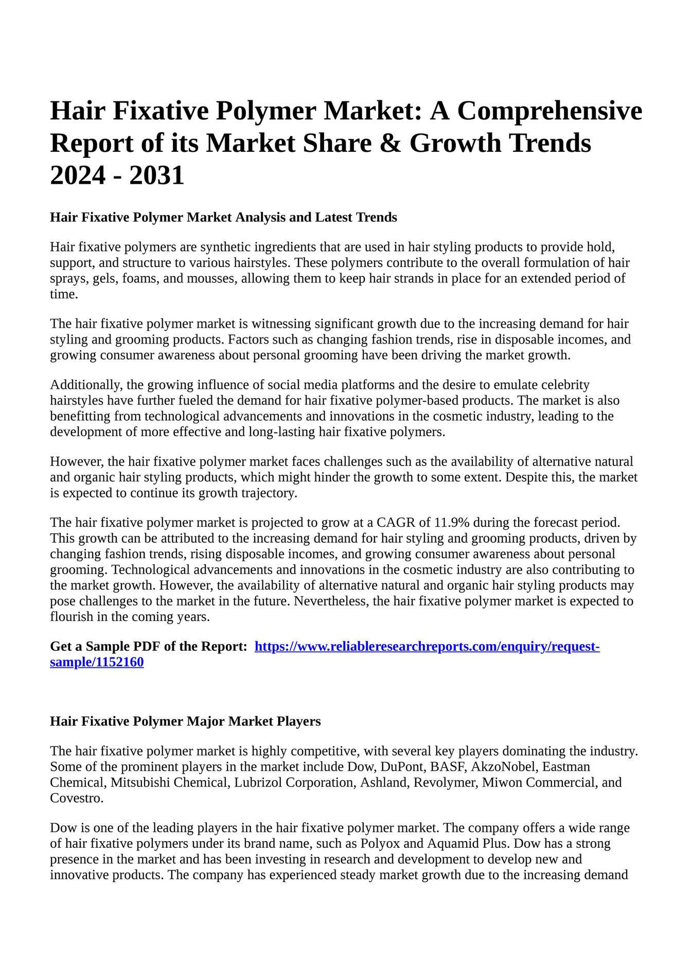 Reportprime Hair Fixative Polymer Market A Comprehensive Report of