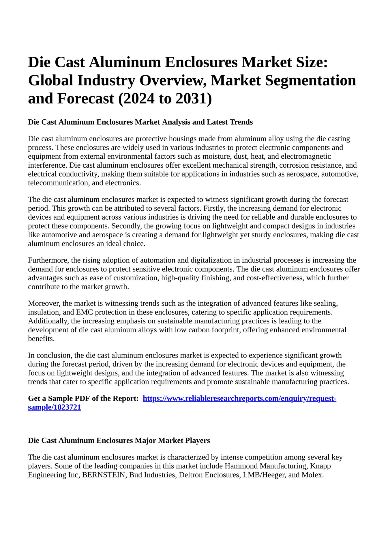 Reportprime Die Cast Aluminum Enclosures Market Size Global Industry