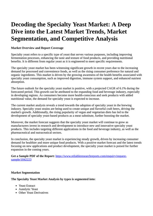 Reportprime - Decoding the Specialty Yeast Market: A Deep Dive into the 