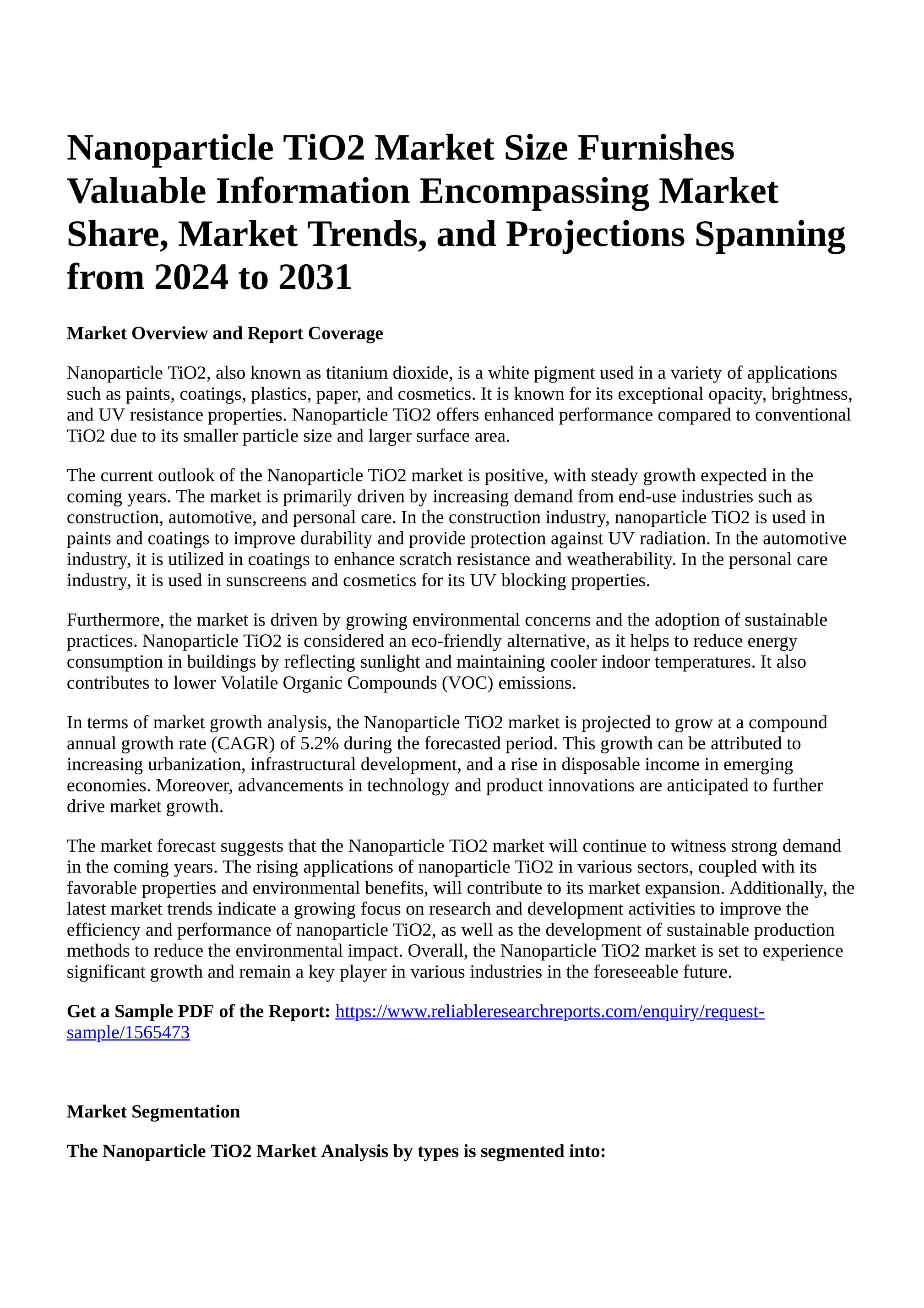 Reportprime - Nanoparticle TiO2 Market Size Furnishes Valuable Information  Encompassing Market Share, Market Trends, and Projections Spanning from  2024 to 2031 - Page 1