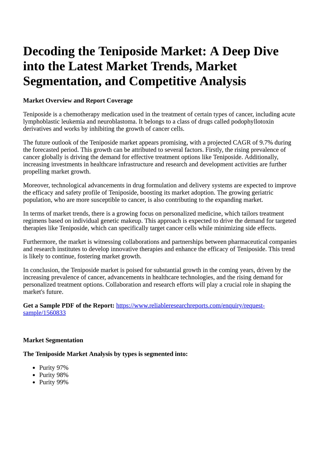 Reportprime - Decoding the Teniposide Market: A Deep Dive into the 