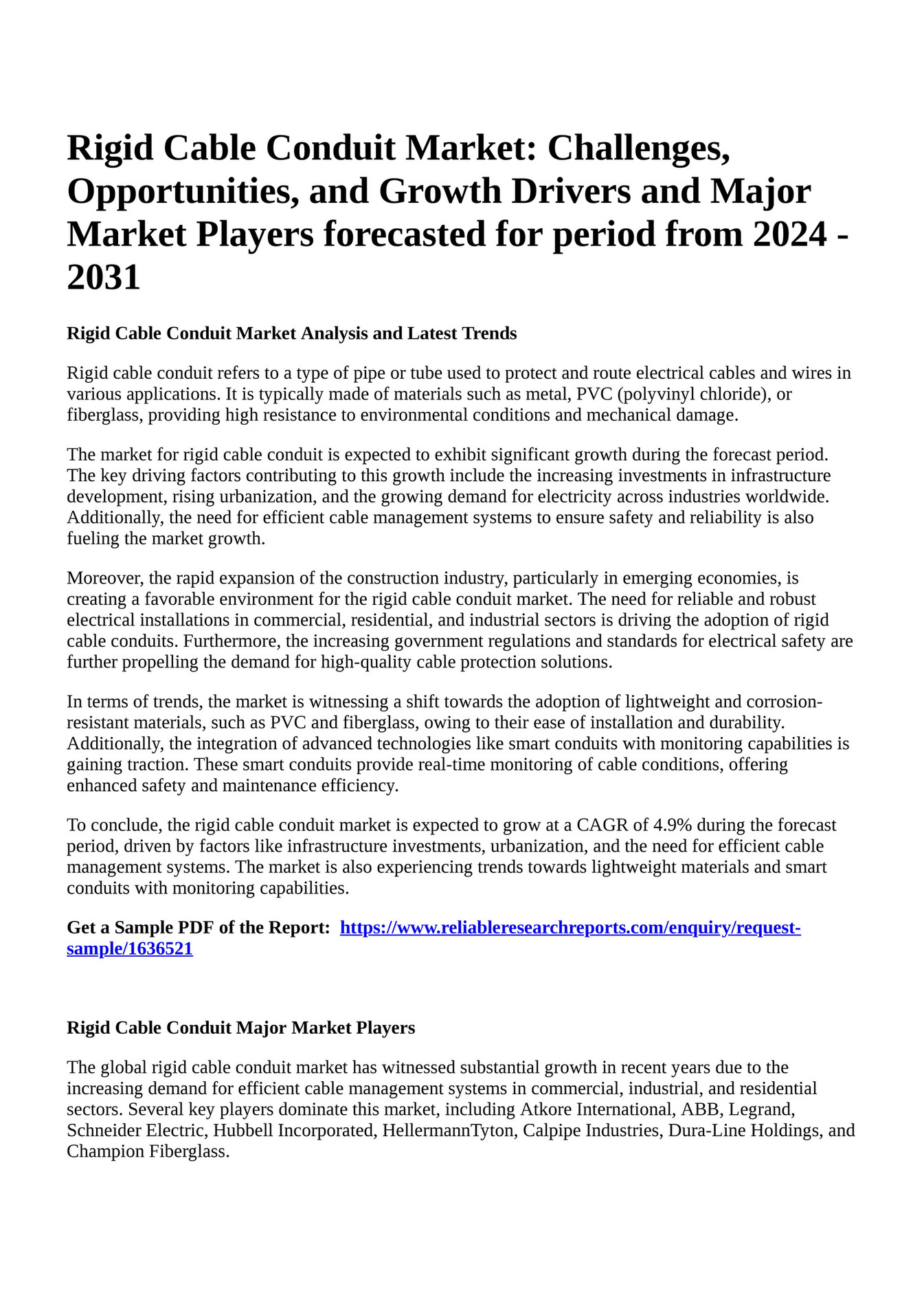 Reportprime Rigid Cable Conduit Market Challenges, Opportunities