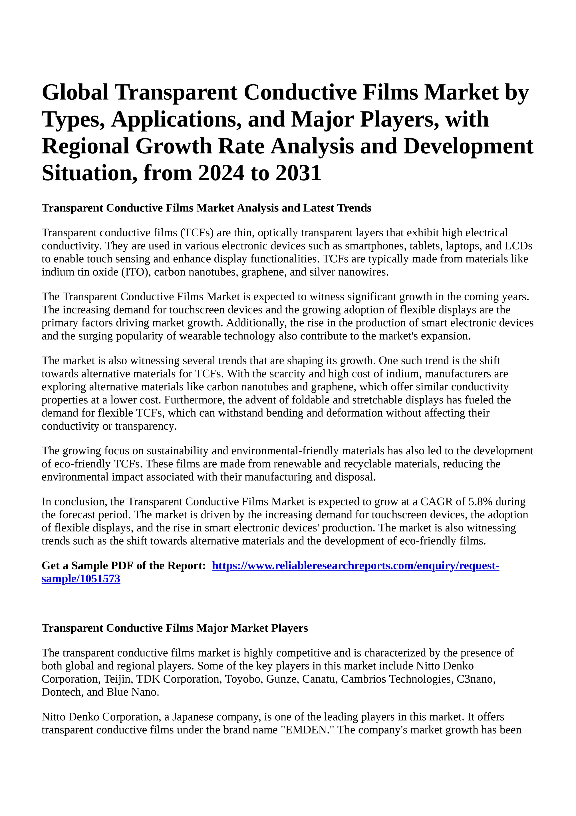 Reportprime - Global Transparent Conductive Films Market by Types,  Applications, and Major Players, with Regional Growth Rate Analysis and  Development Situation, from 2024 to 2031 - Page 1