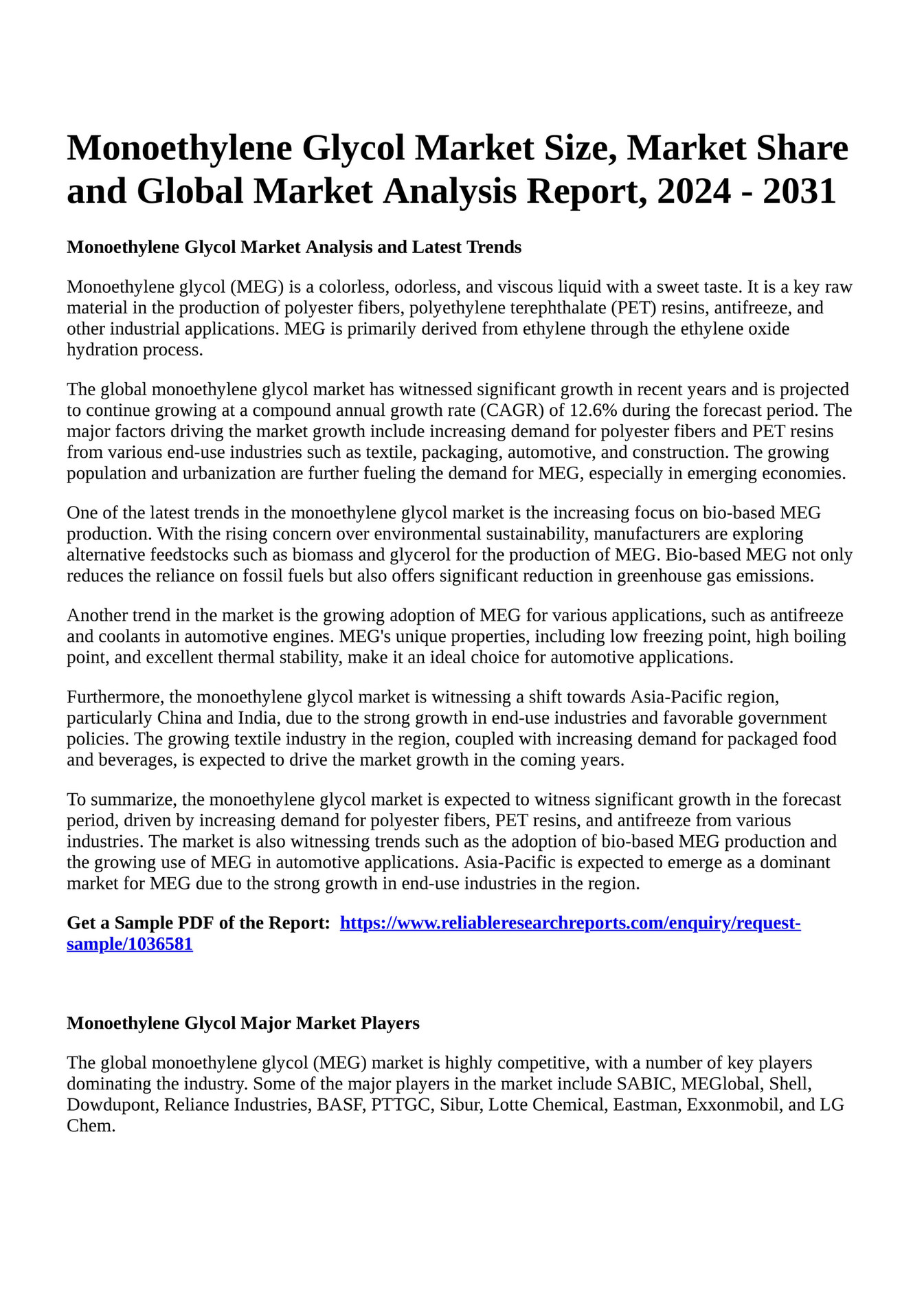 Reportprime Monoethylene Glycol Market Size, Market Share and Global