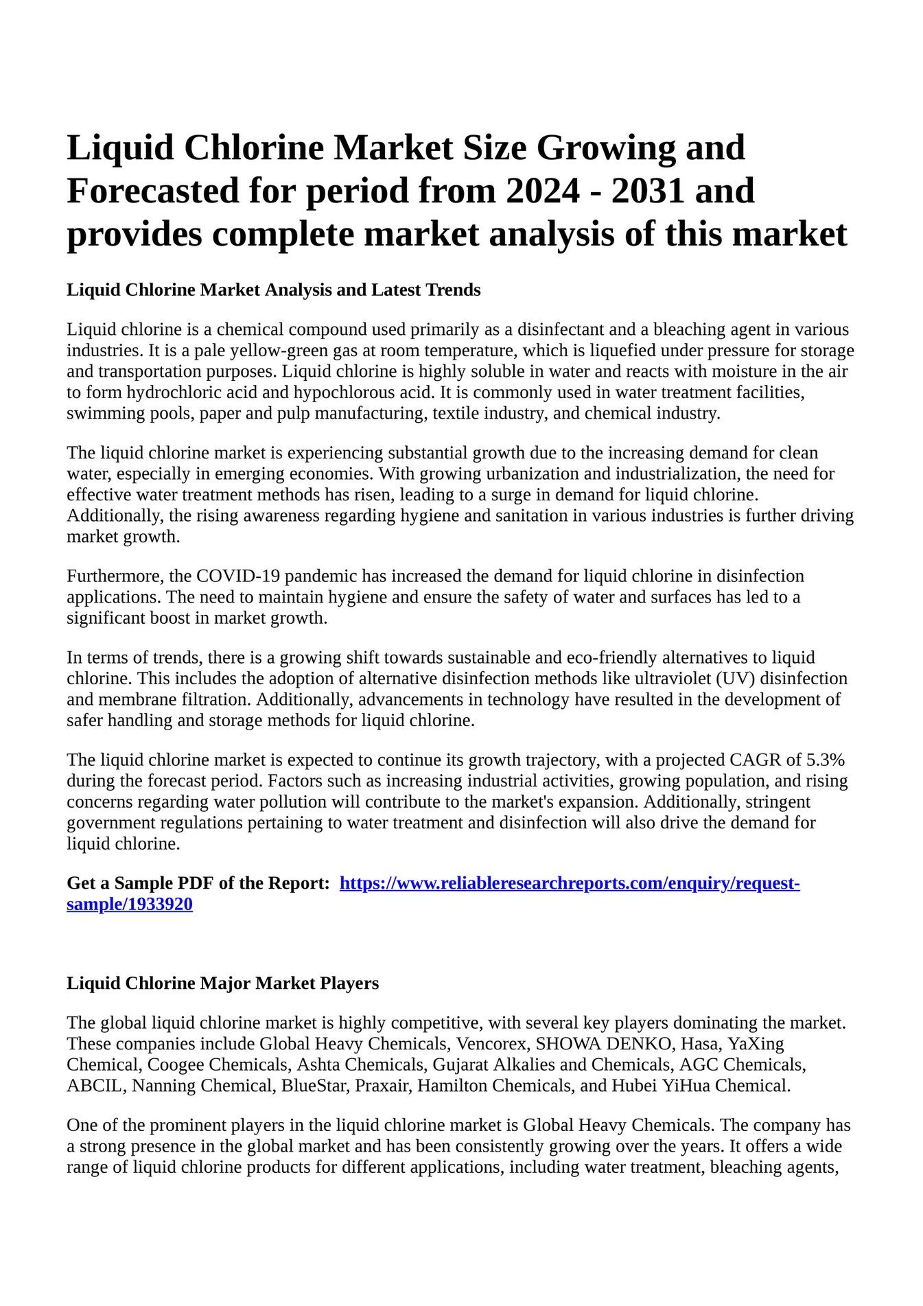 Reportprime Liquid Chlorine Market Size Growing and Forecasted for