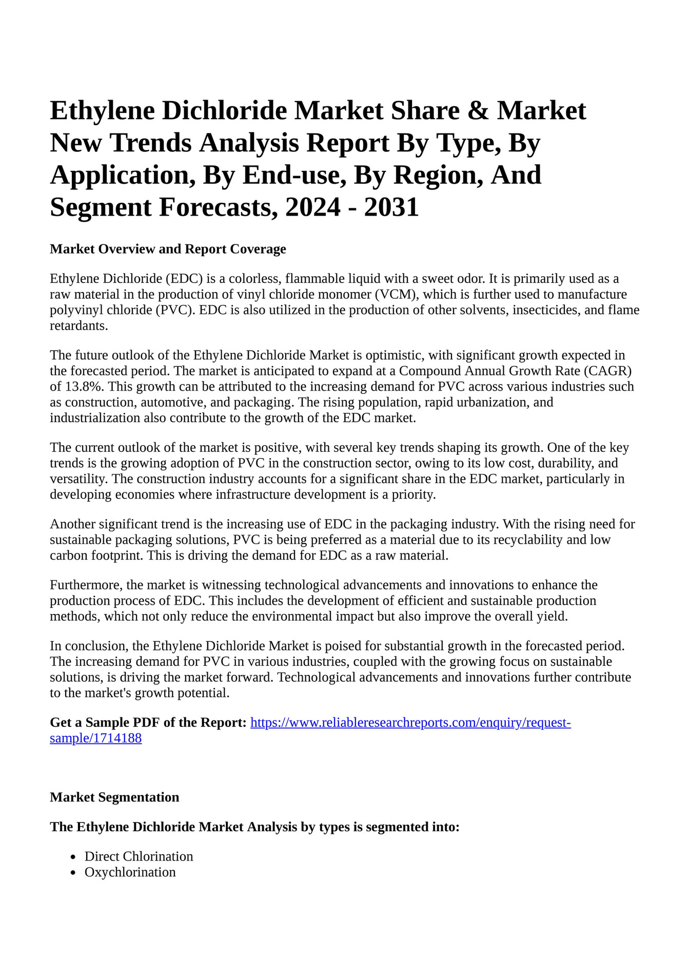 Reportprime - Ethylene Dichloride Market Share & Market New Trends ...