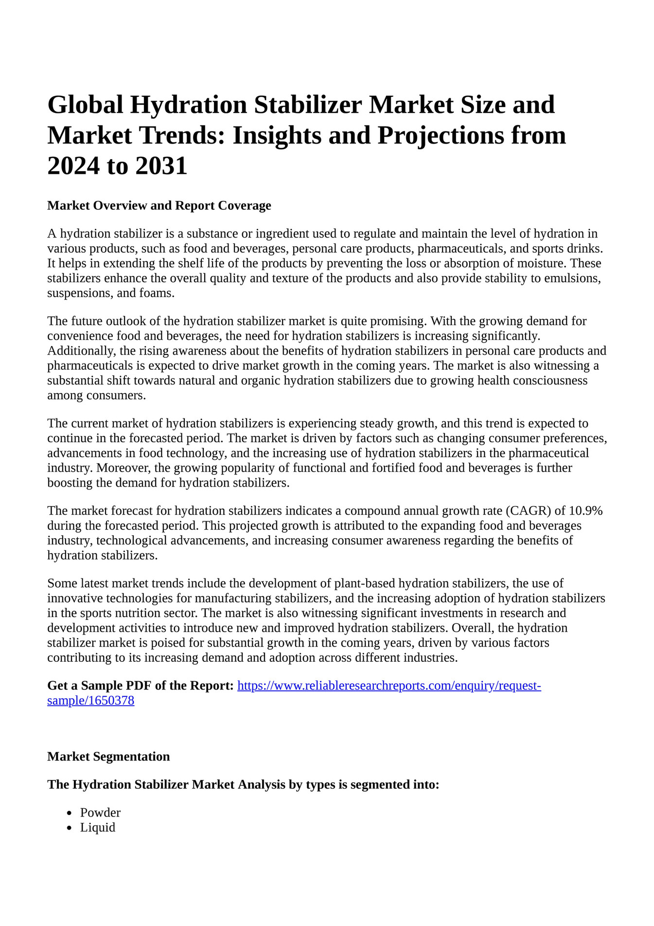 Reportprime Global Hydration Stabilizer Market Size and Market Trends