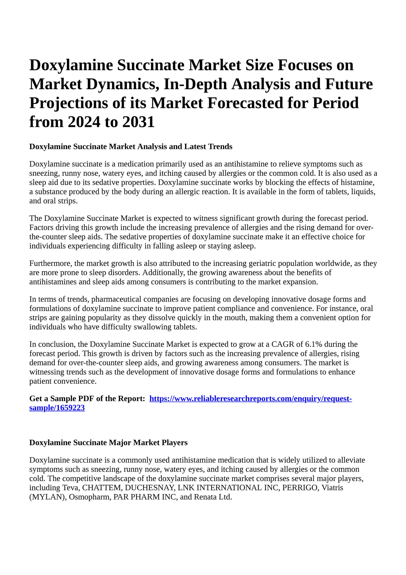 Reportprime - Doxylamine Succinate Market Size Focuses on Market ...