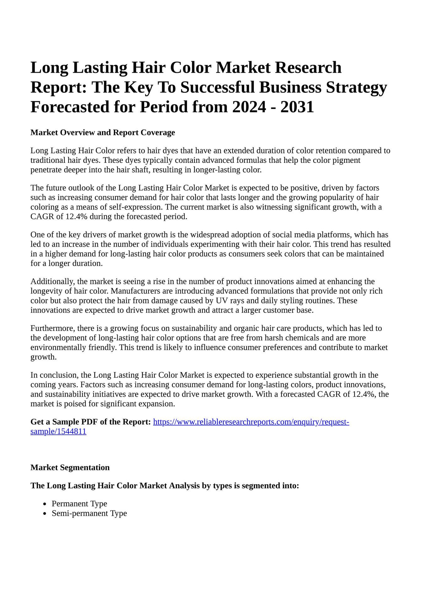 Reportprime Long Lasting Hair Color Market Research Report The Key To Successful Business