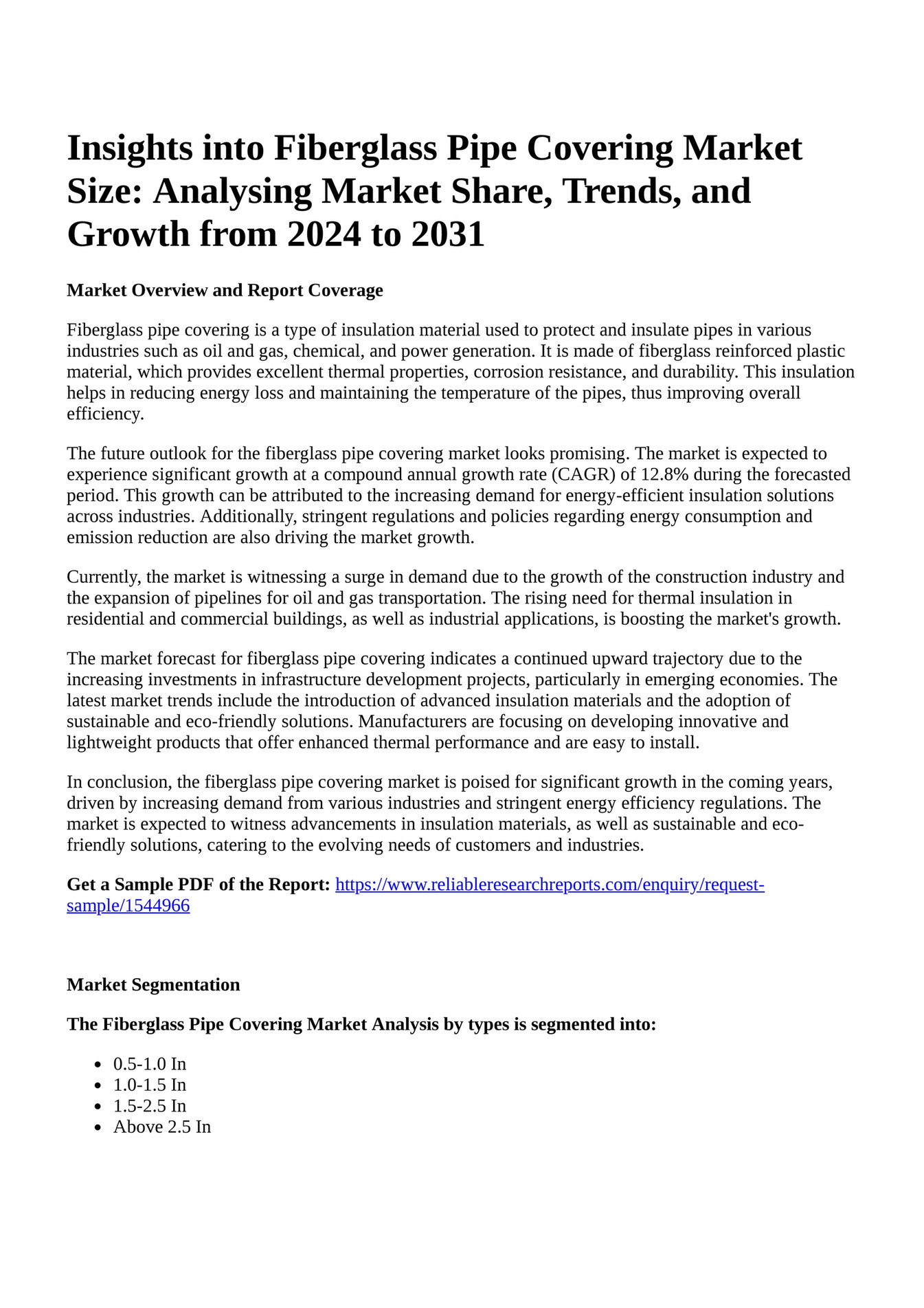 Reportprime Insights into Fiberglass Pipe Covering Market Size