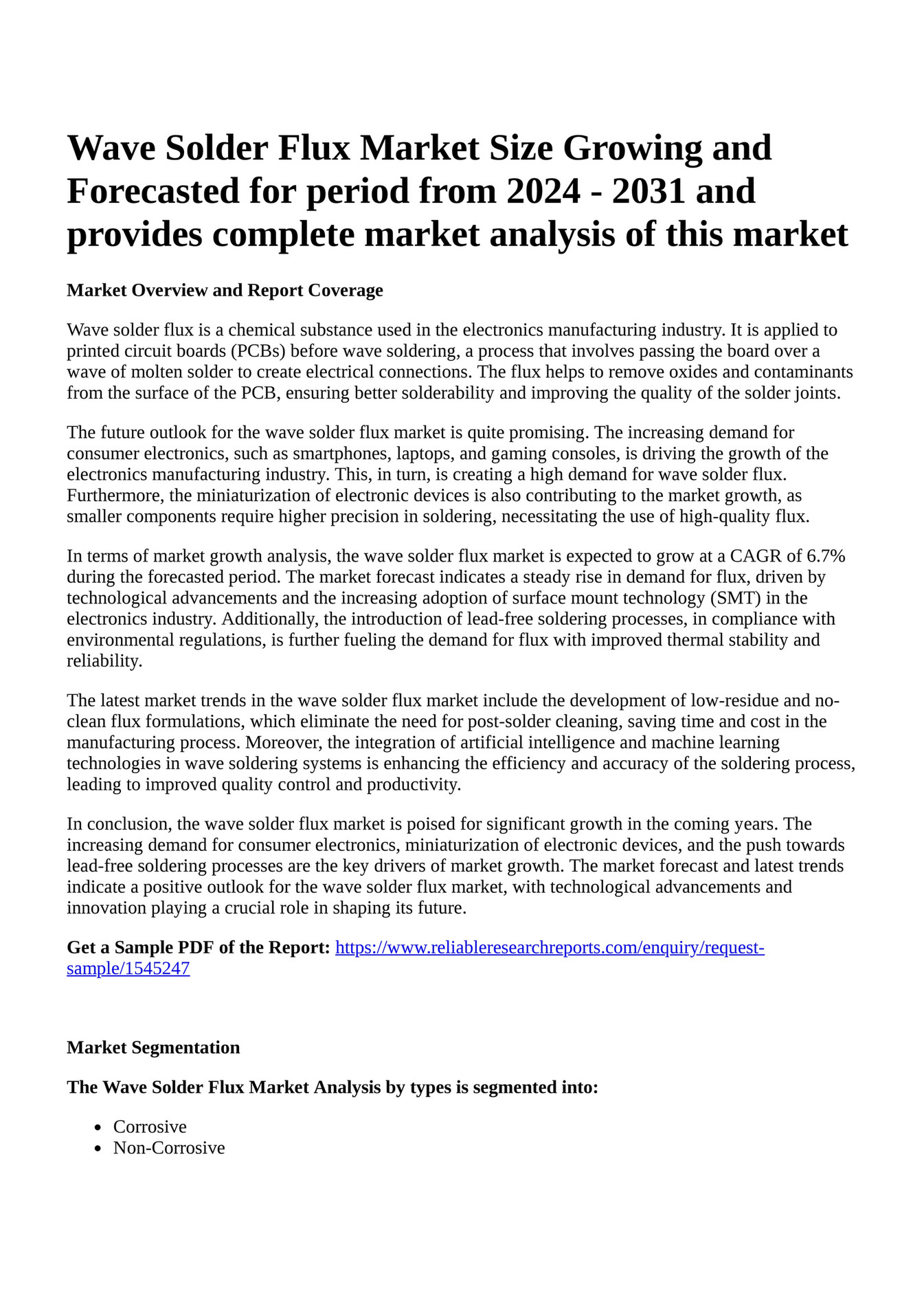 Reportprime Wave Solder Flux Market Size Growing and Forecasted for