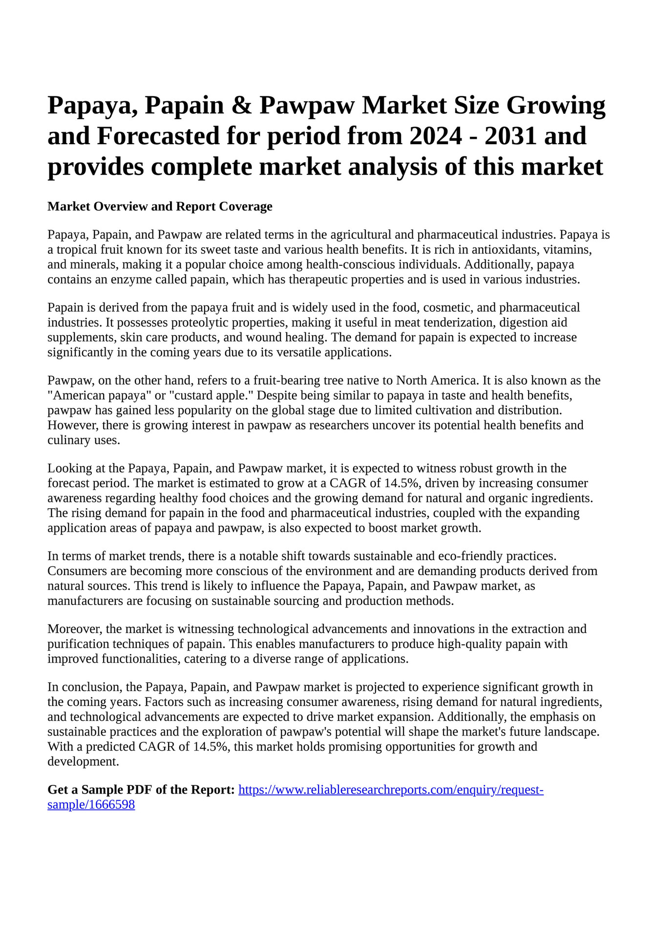 Reportprime Papaya, Papain & Pawpaw Market Size Growing and