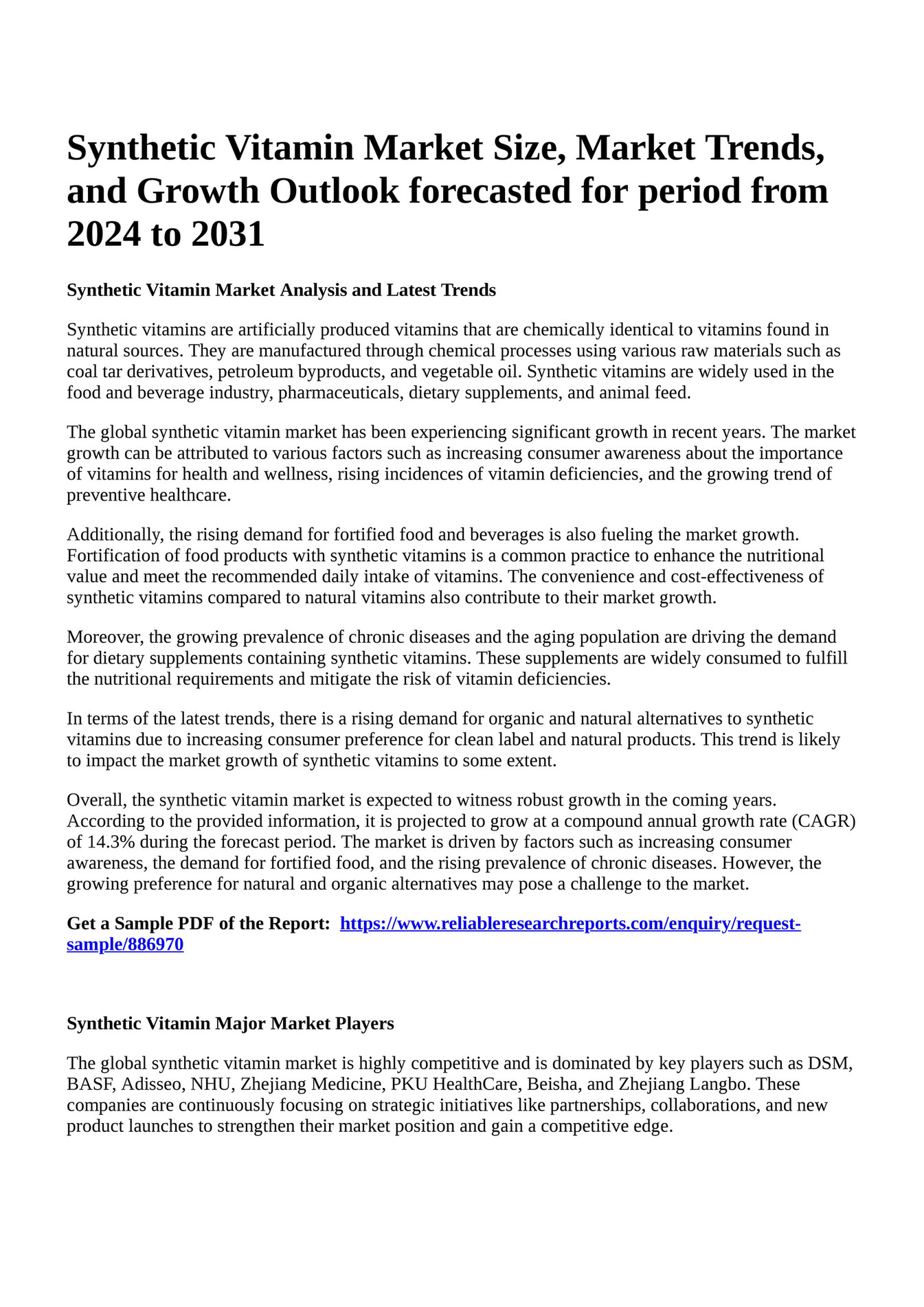 Reportprime Synthetic Vitamin Market Size, Market Trends, and Growth