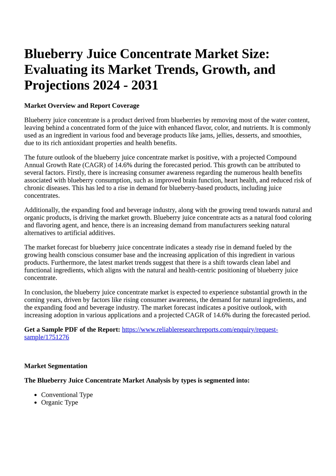 Reportprime Blueberry Juice Concentrate Market Size Evaluating its
