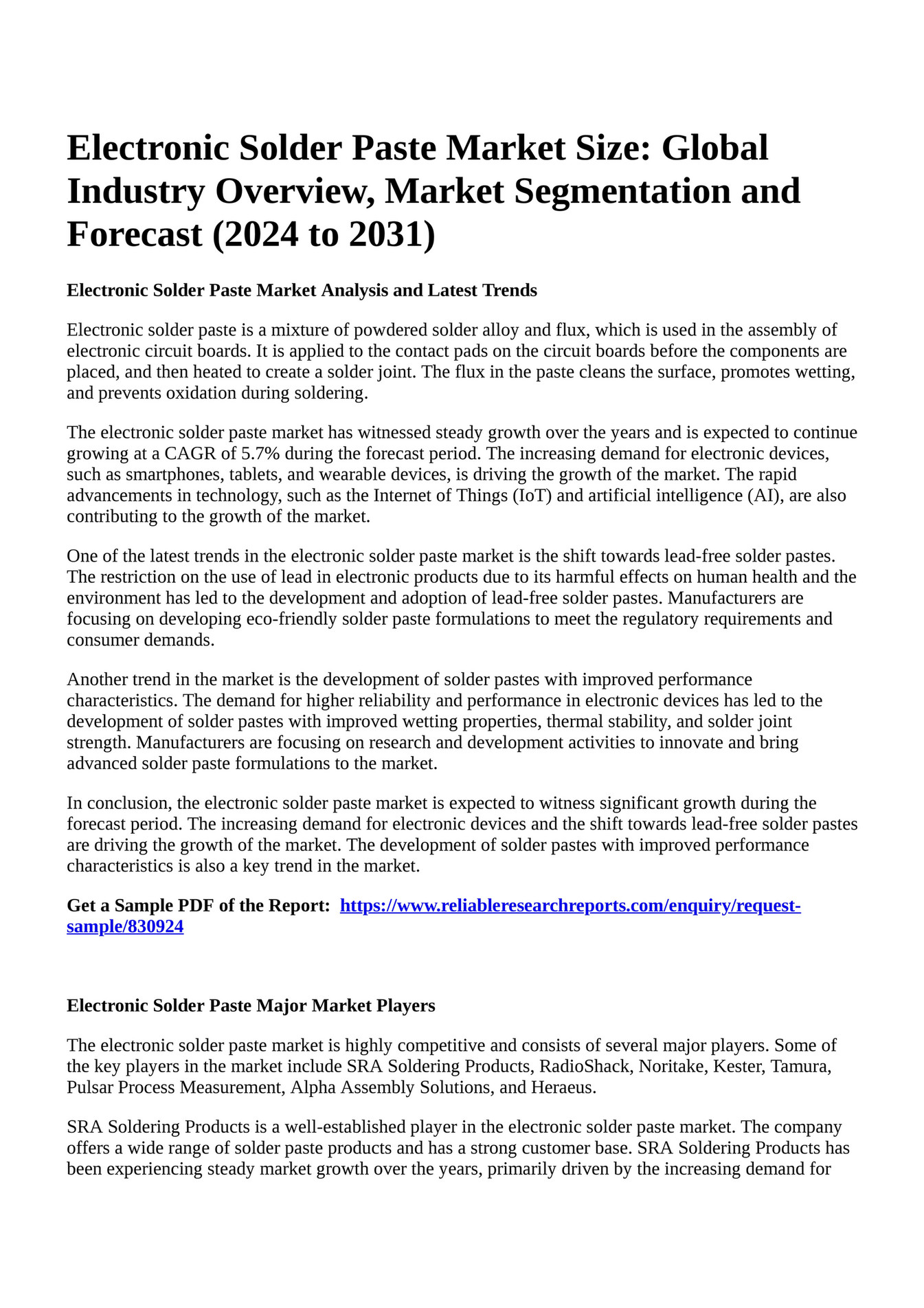 Reportprime Electronic Solder Paste Market Size Global Industry