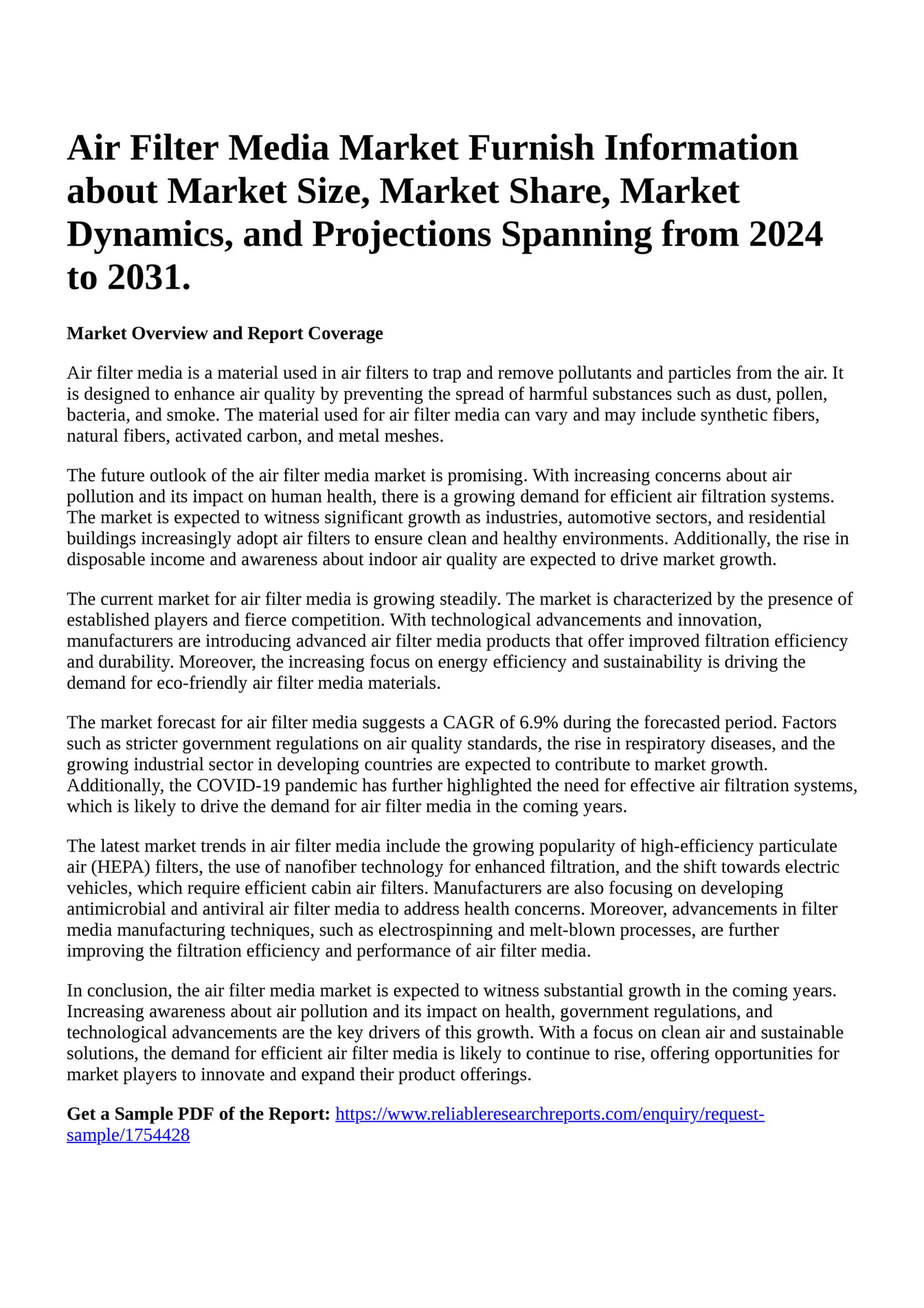 Reportprime Air Filter Media Market Furnish Information about Market