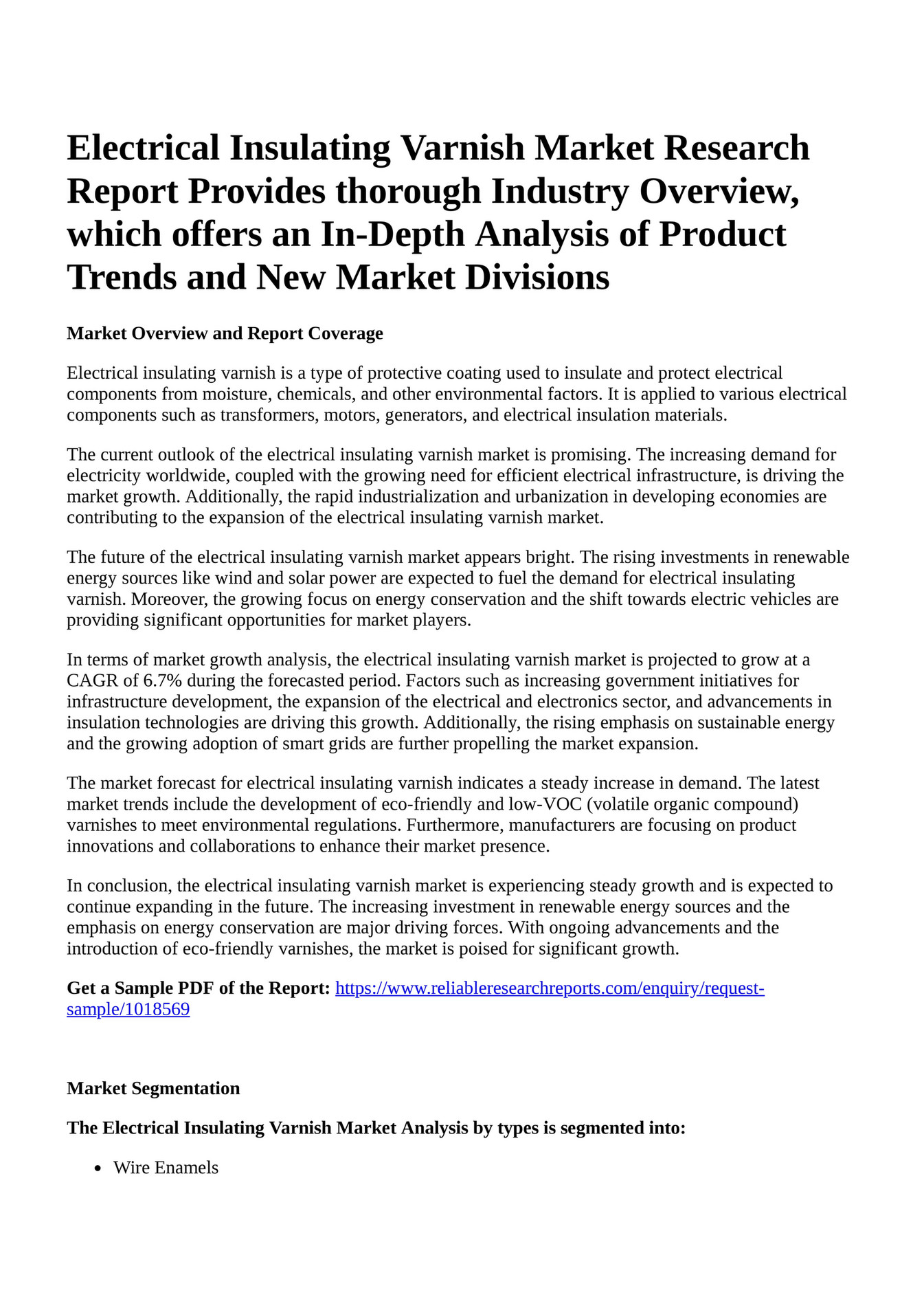 Reportprime Electrical Insulating Varnish Market Research Report