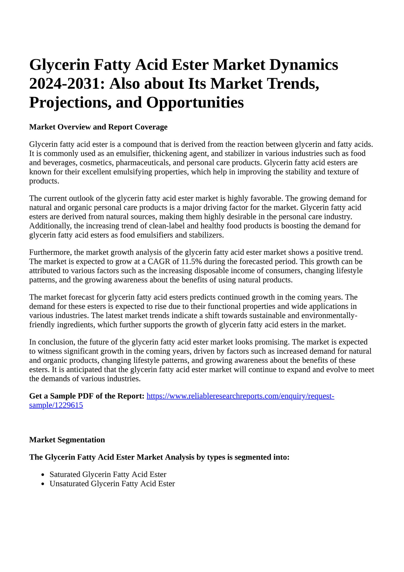 Reportprime Glycerin Fatty Acid Ester Market Dynamics 20242031 Also