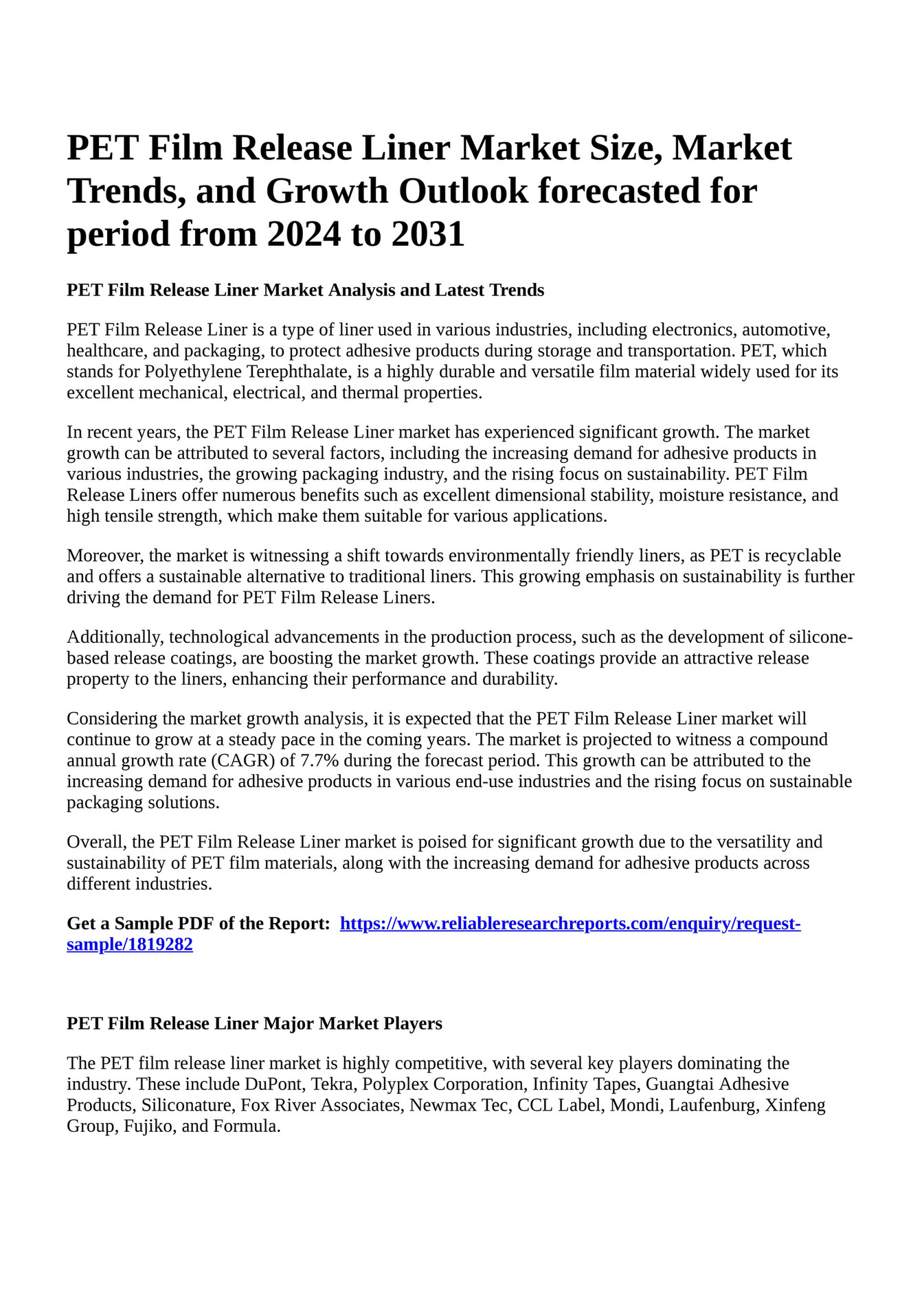 Reportprime PET Film Release Liner Market Size, Market Trends, and