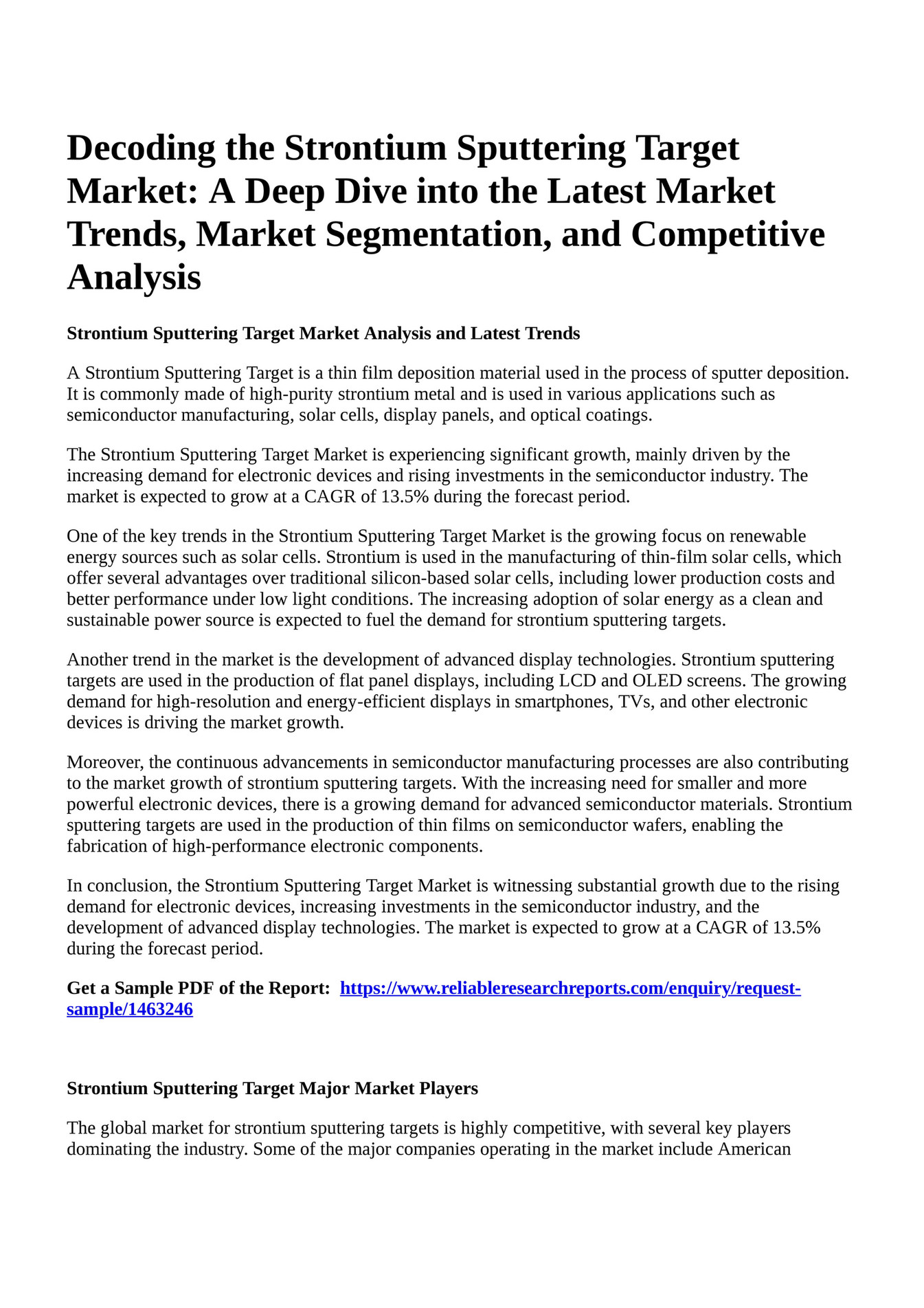 Reportprime - Decoding the Strontium Sputtering Target Market: A Deep