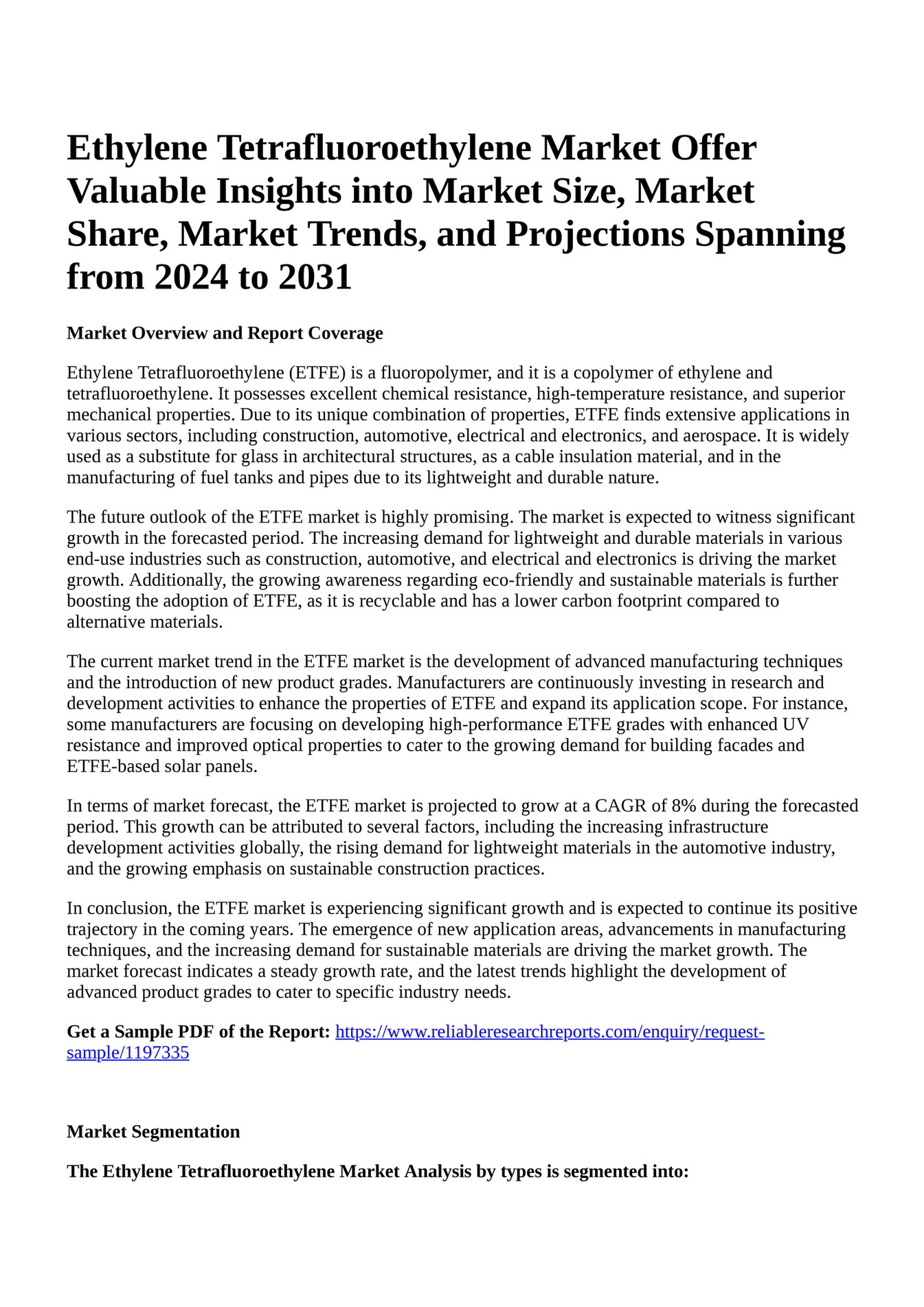 Reportprime - Ethylene Tetrafluoroethylene Market Offer Valuable ...