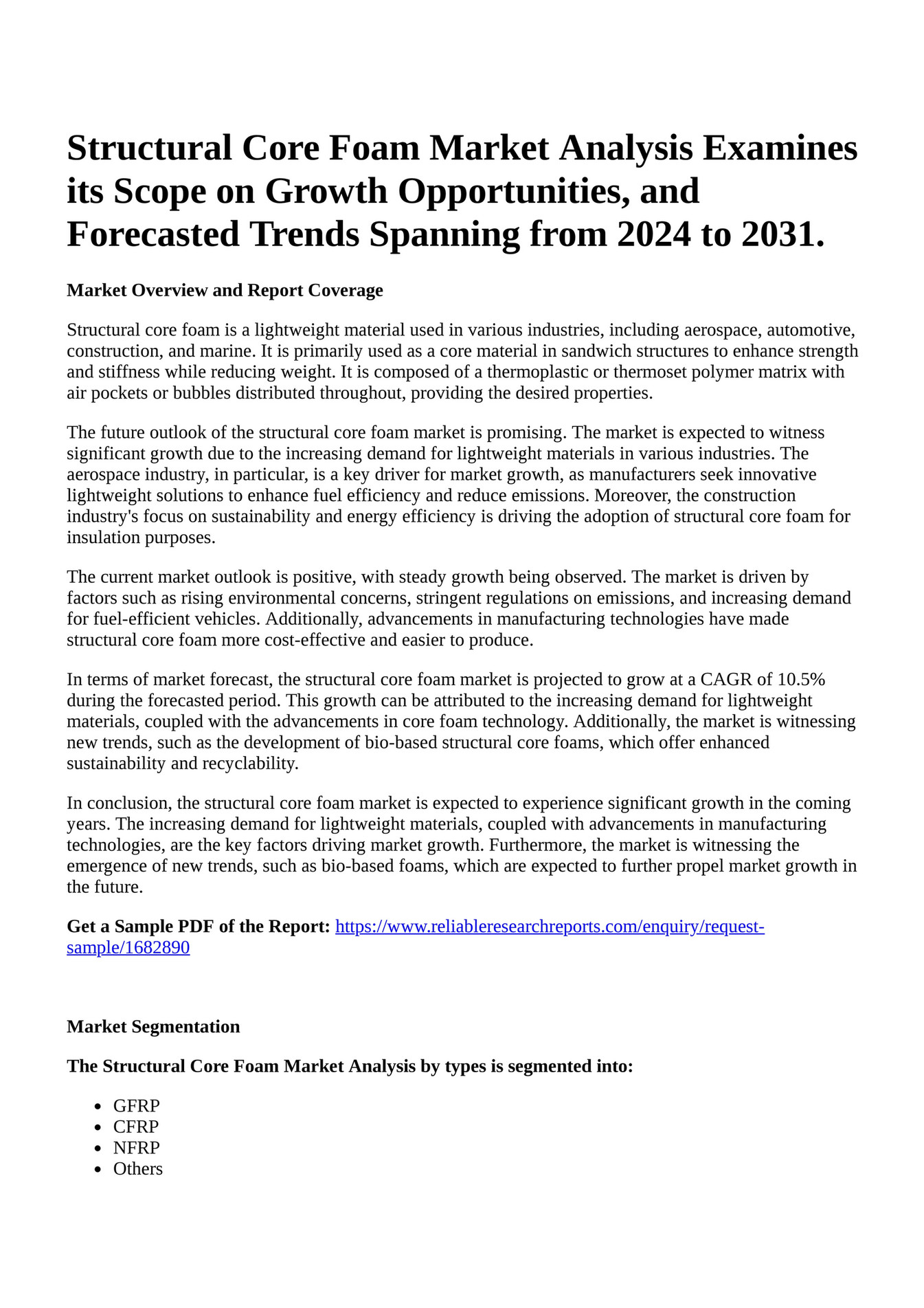 Reportprime - Structural Core Foam Market Analysis Examines Its Scope 