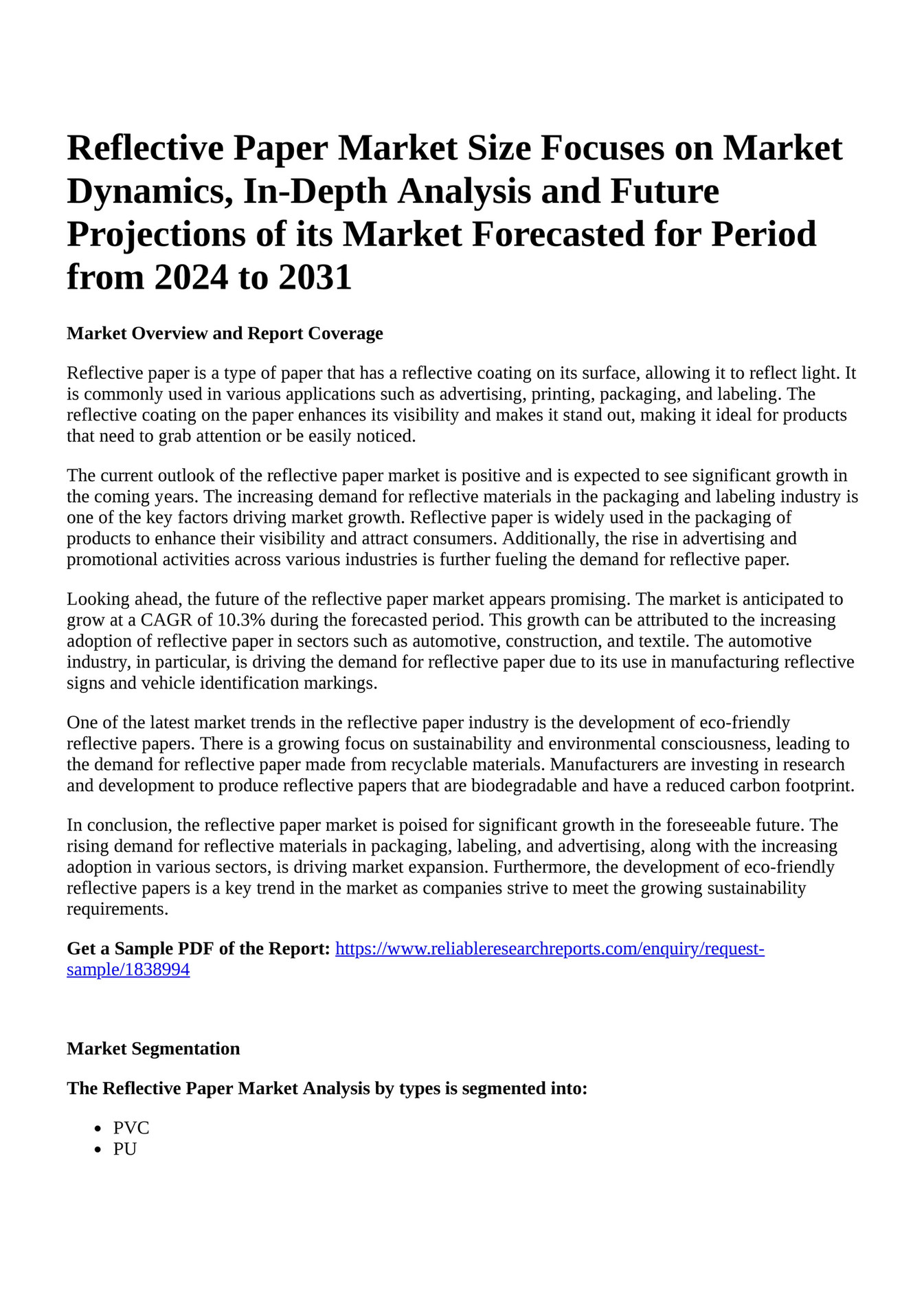 Reportprime - Reflective Paper Market Size Focuses on Market Dynamics,  In-Depth Analysis and Future Projections of its Market Forecasted for  Period from 2024 to 2031 - Page 2-3