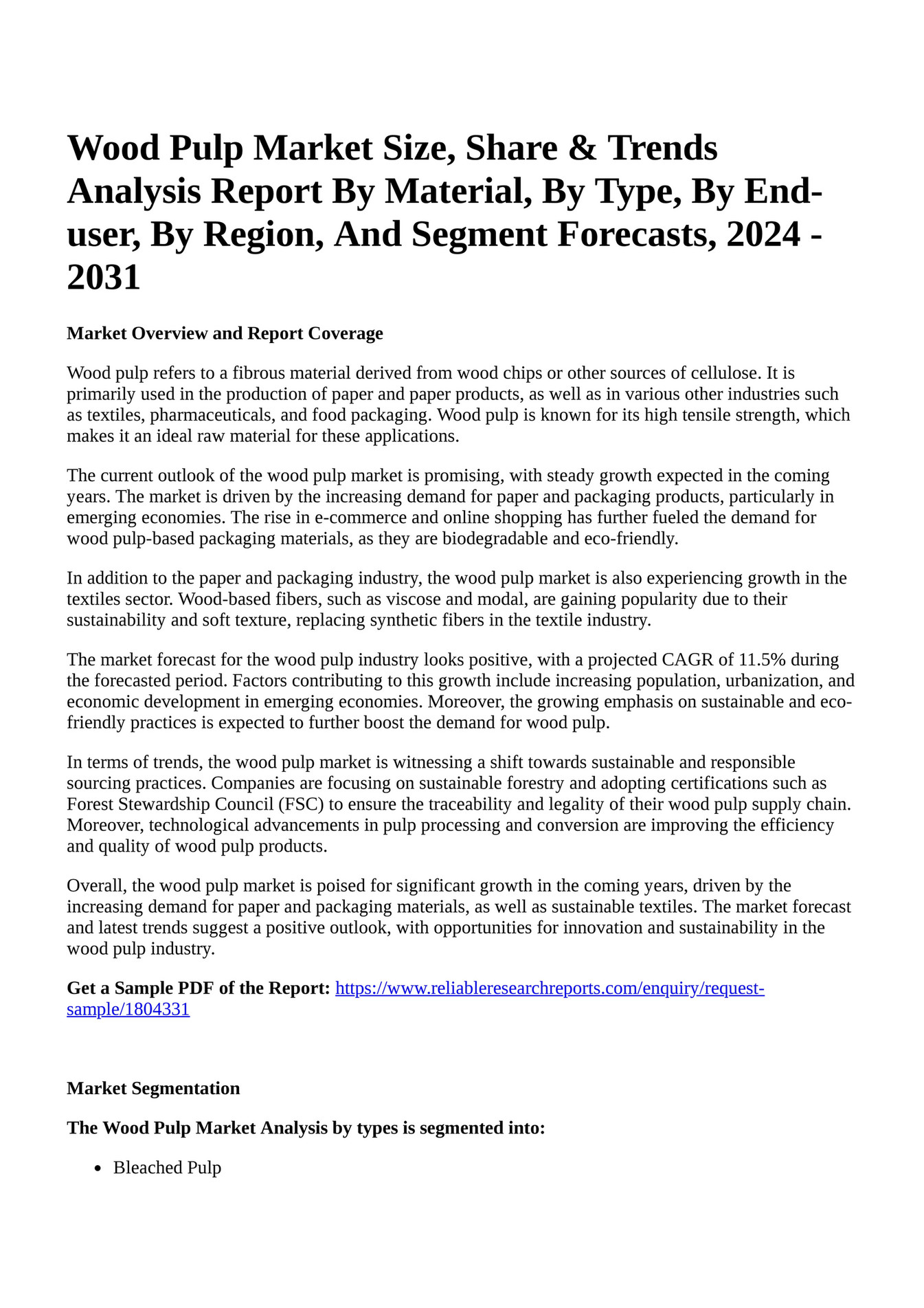 Reportprime Wood Pulp Market Size, Share & Trends Analysis Report By