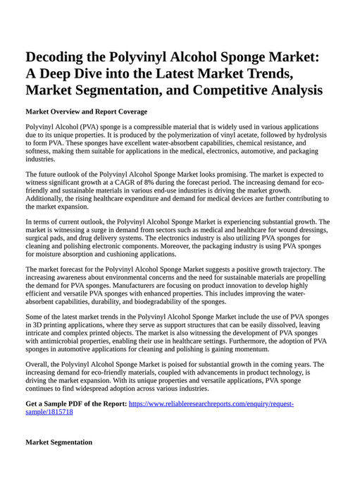 Reportprime - Decoding the Polyvinyl Alcohol Sponge Market: A Deep Dive 