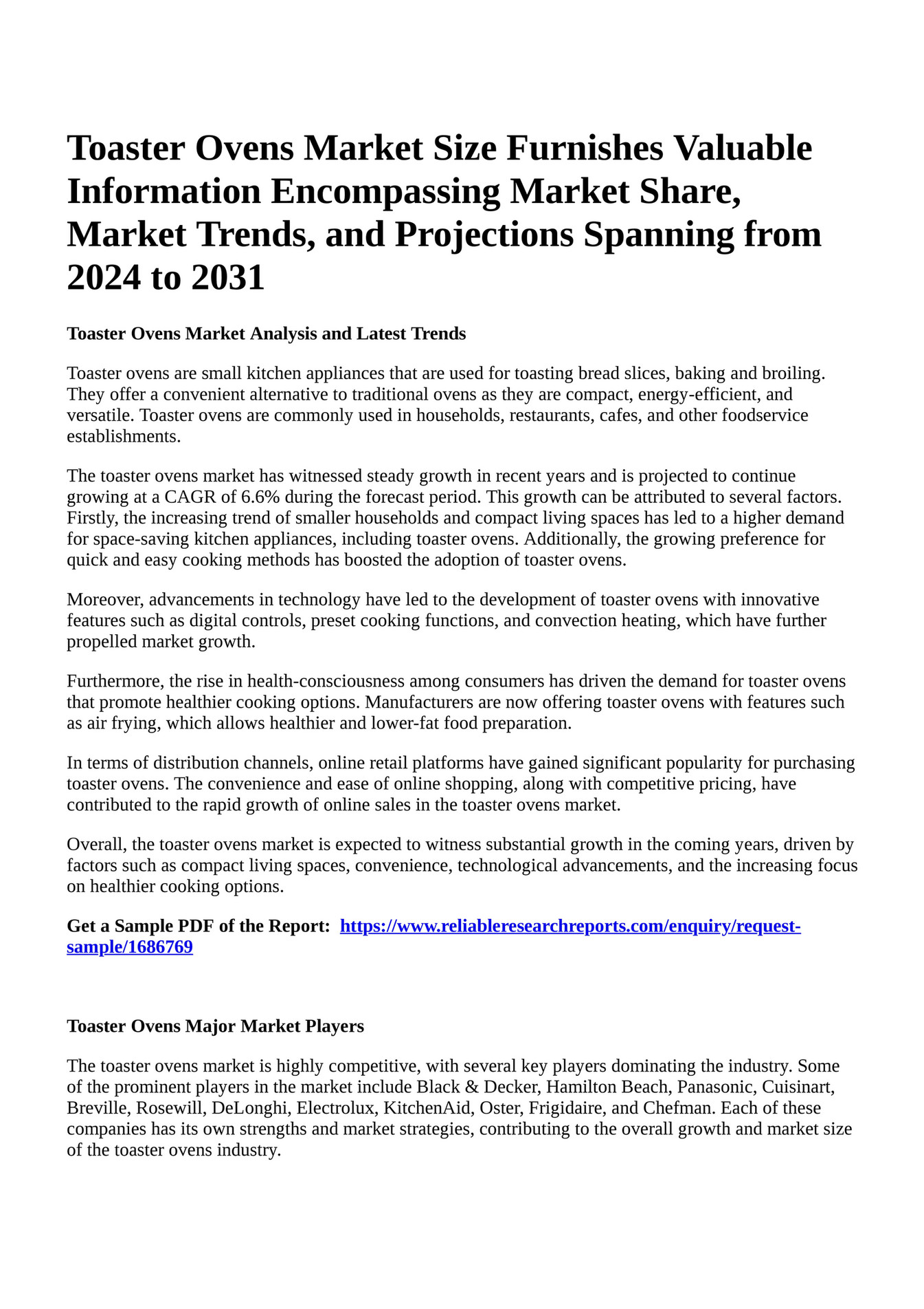 Reportprime Toaster Ovens Market Size Furnishes Valuable Information