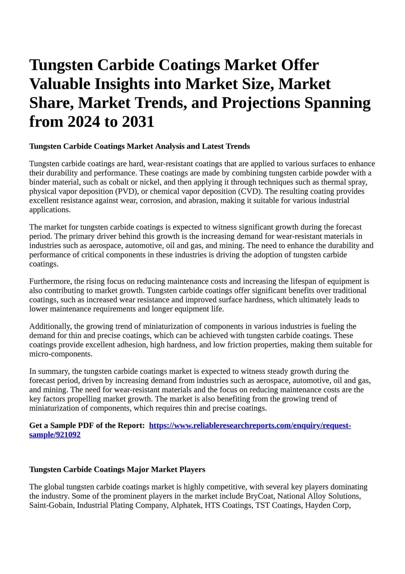 Reportprime Tungsten Carbide Coatings Market Offer Valuable Insights