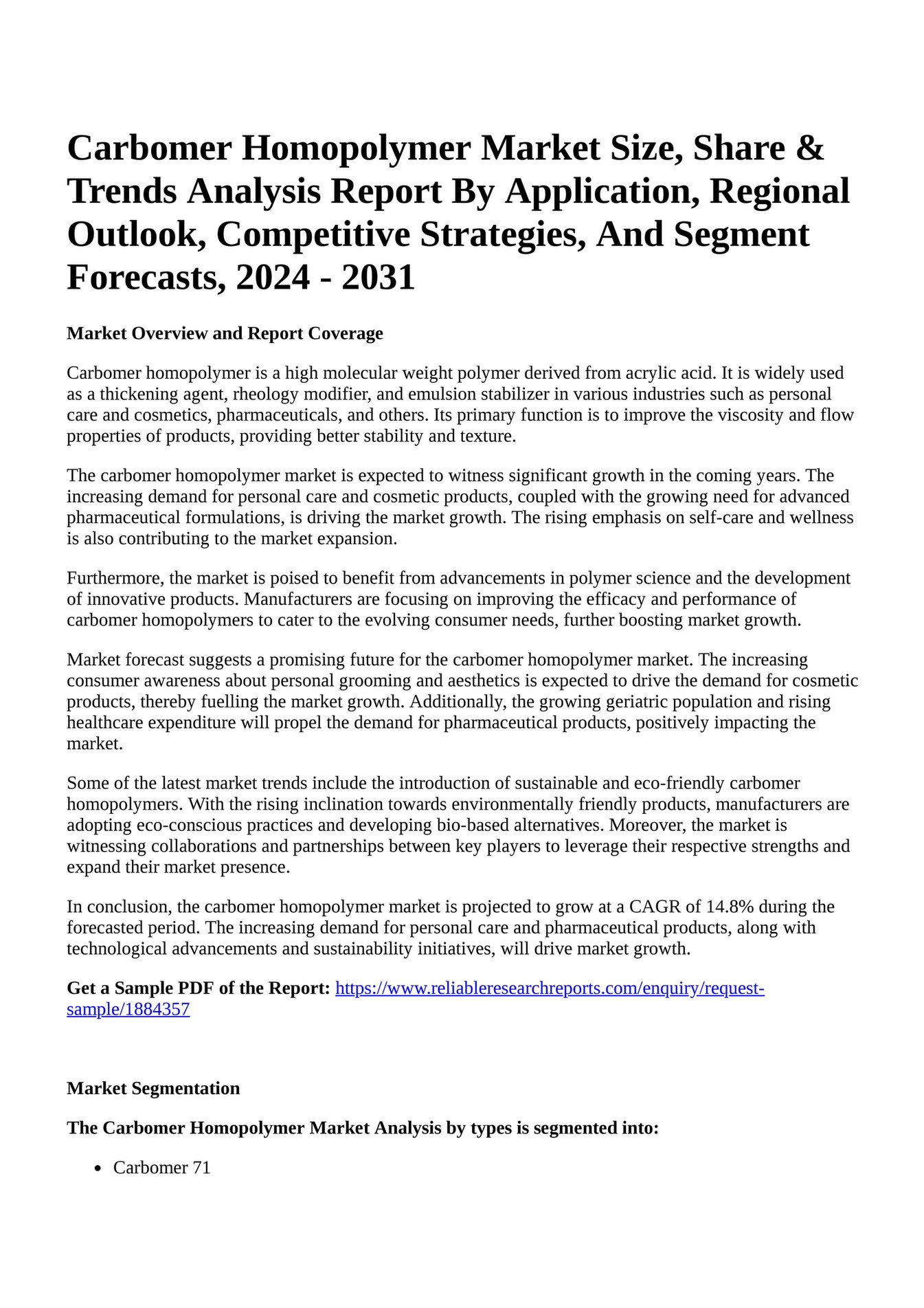 Reportprime - Carbomer Homopolymer Market Size, Share & Trends Analysis ...