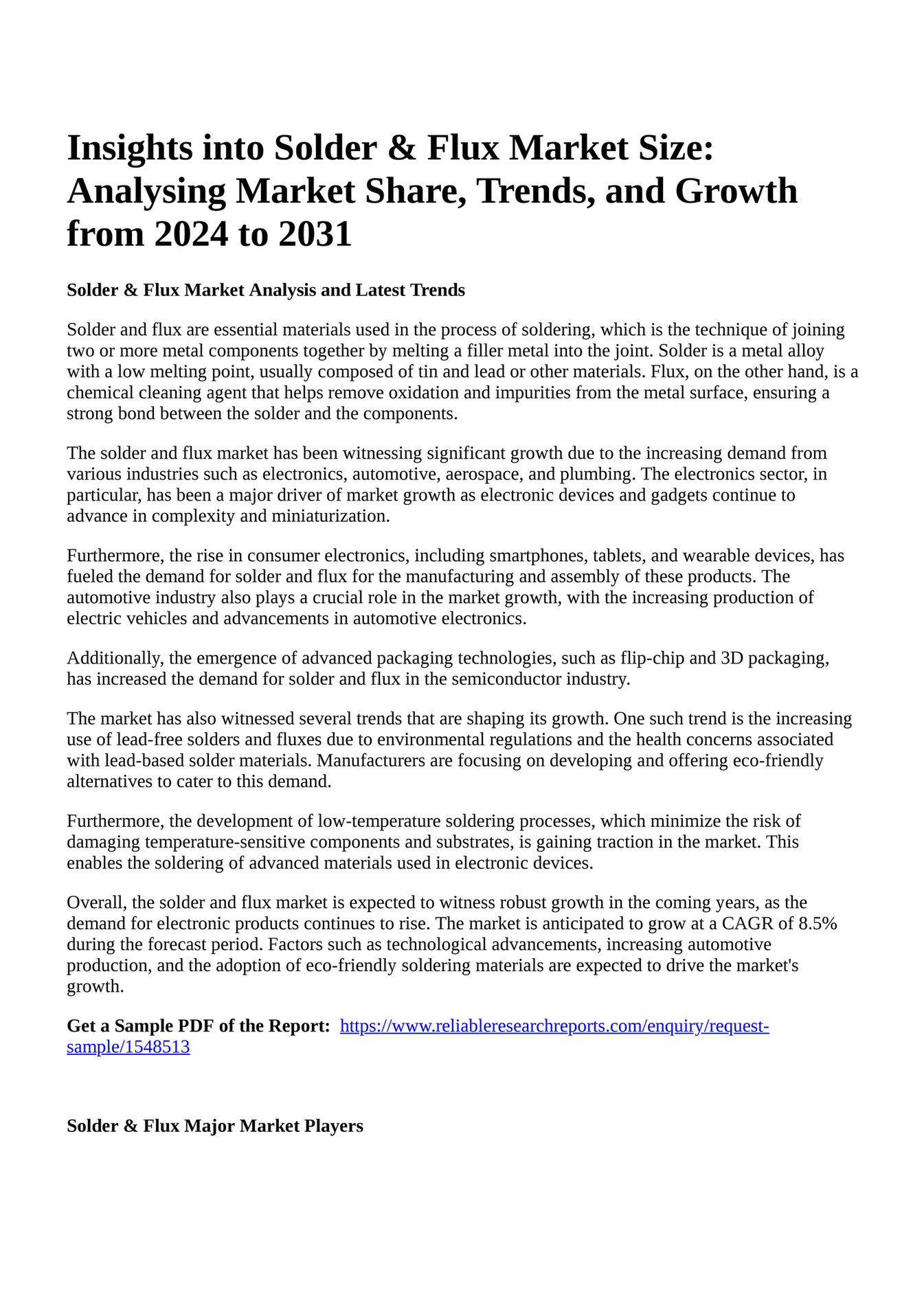 Reportprime Insights into Solder & Flux Market Size Analysing Market