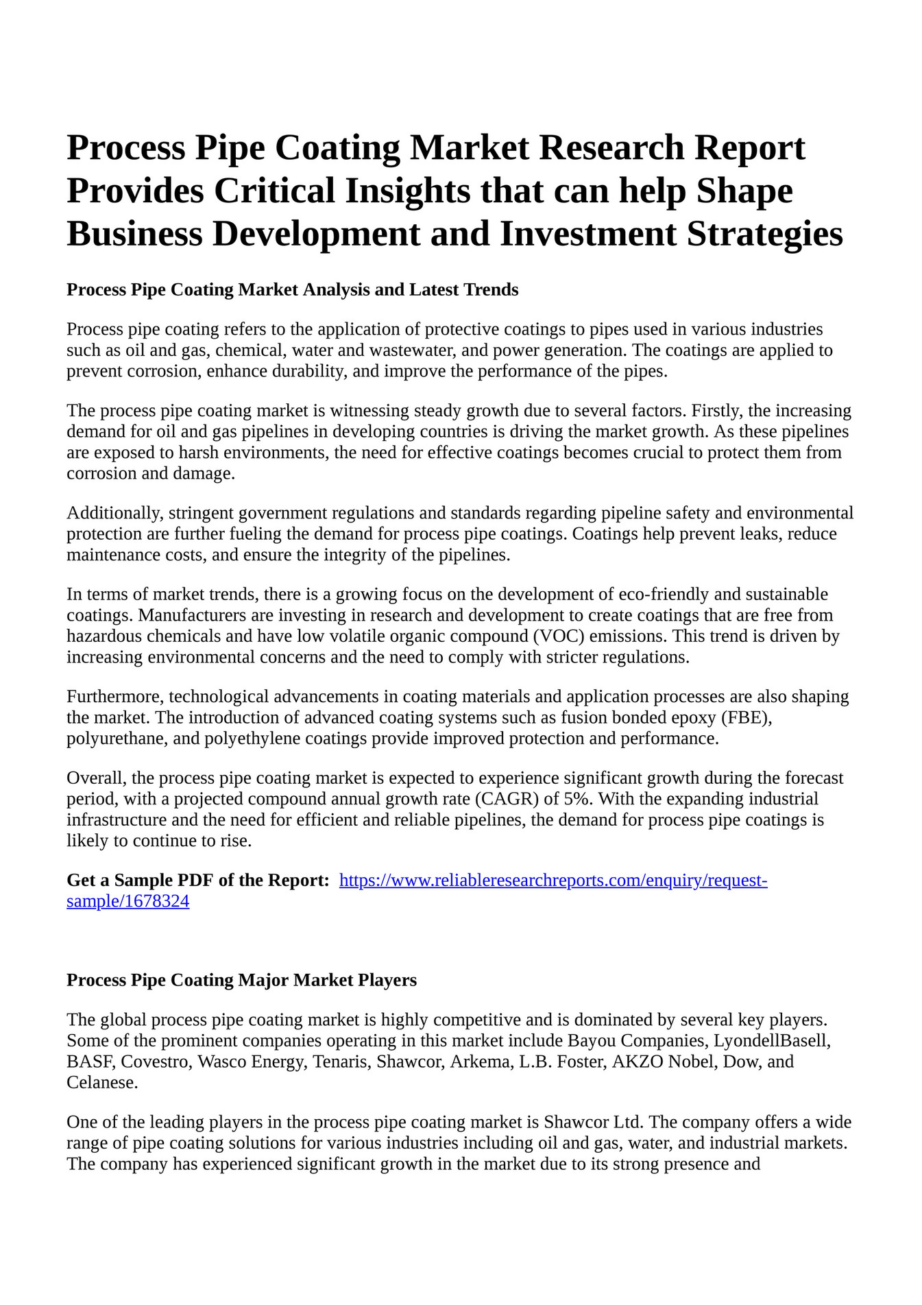 Reportprime - Process Pipe Coating Market Research Report Provides