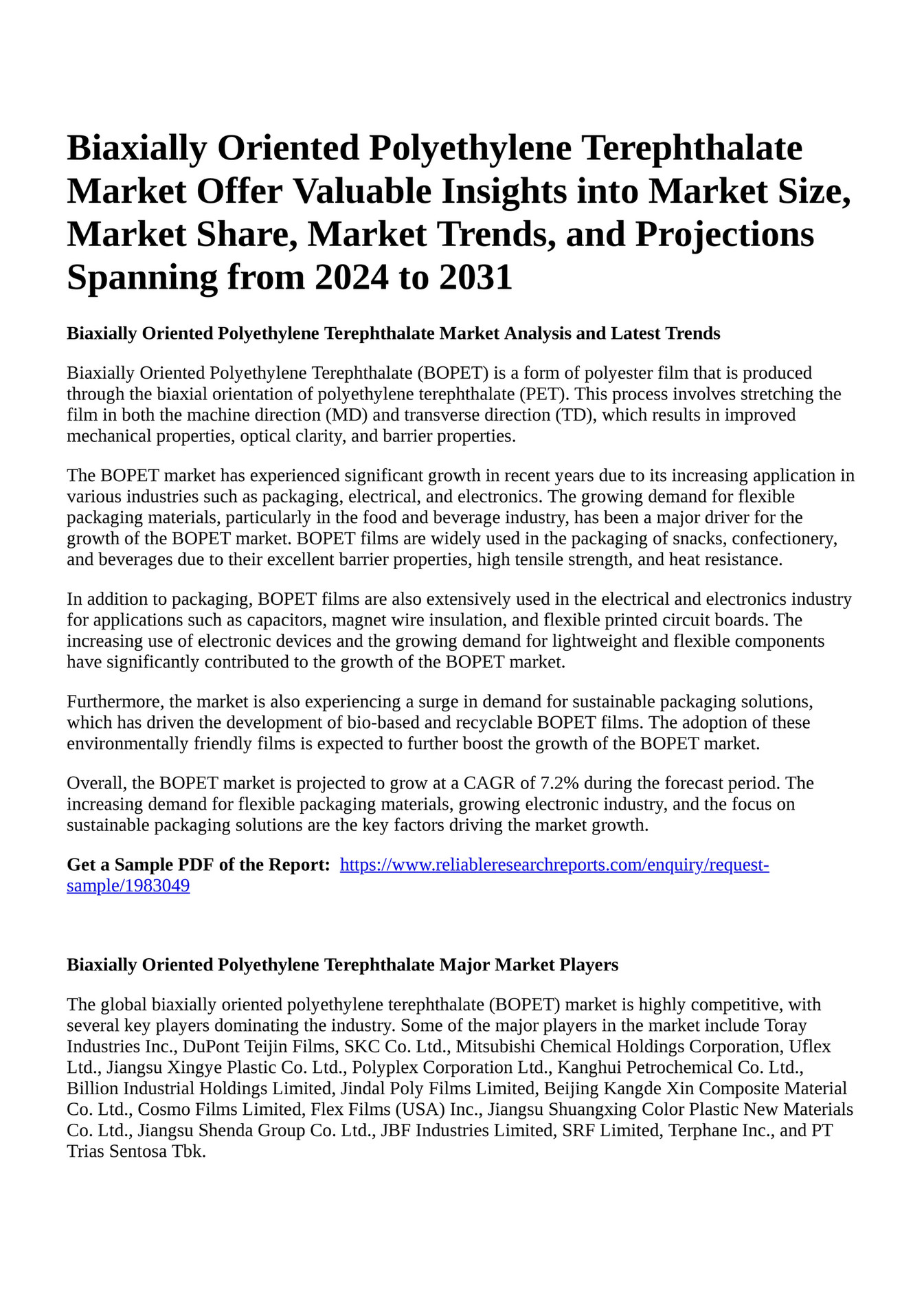 Reportprime Biaxially Oriented Polyethylene Terephthalate Market