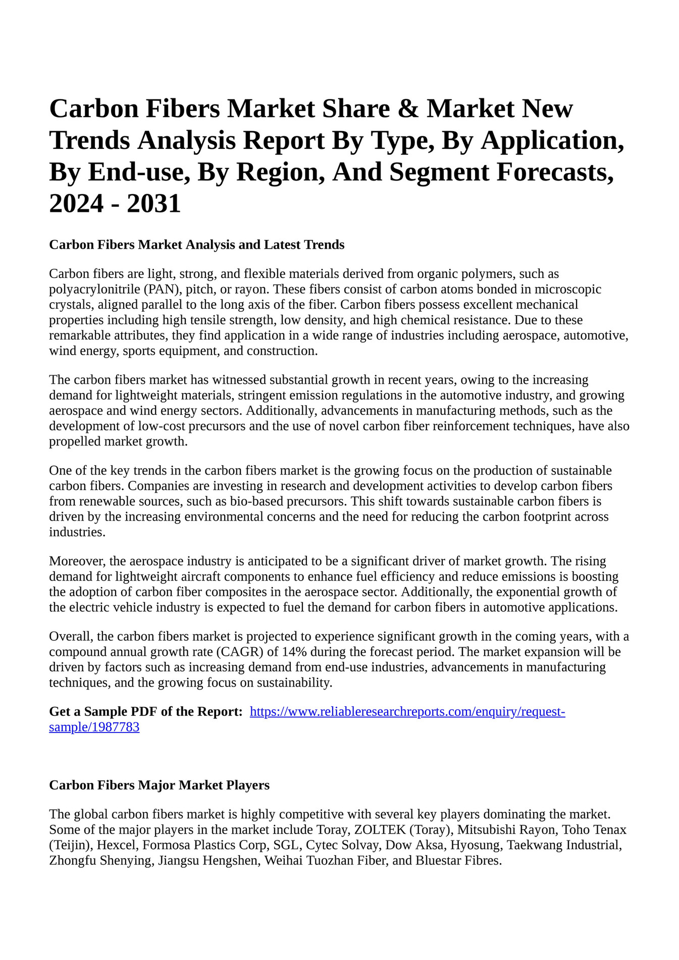 Reportprime - Carbon Fibers Market Share & Market New Trends Analysis ...