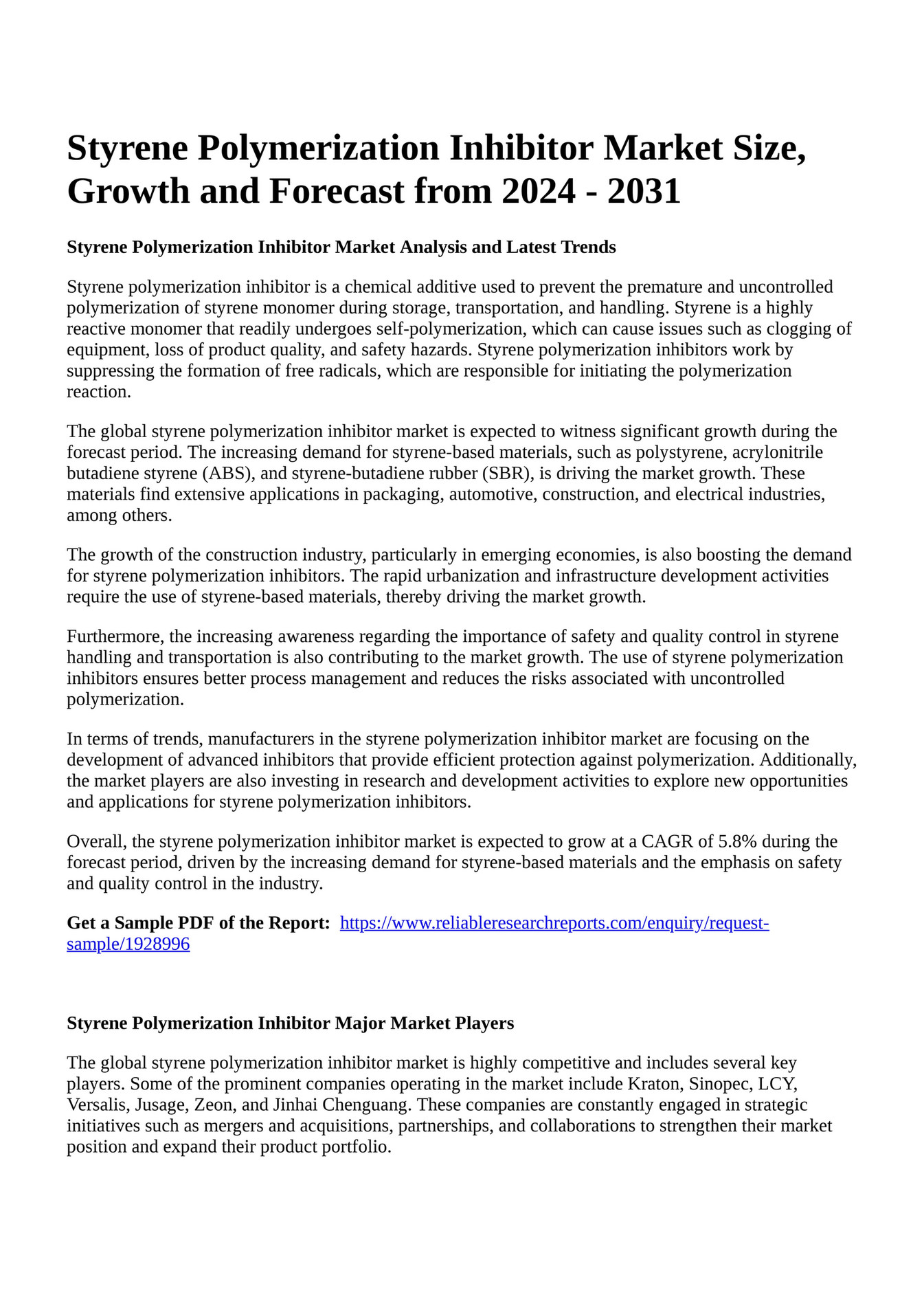 Reportprime Styrene Polymerization Inhibitor Market Size, Growth and Forecast from 2024 2031