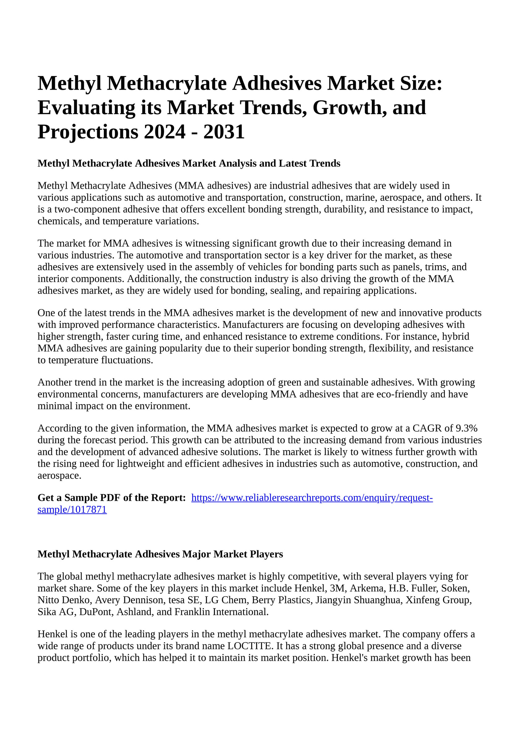 Reportprime - Methyl Methacrylate Adhesives Market Size