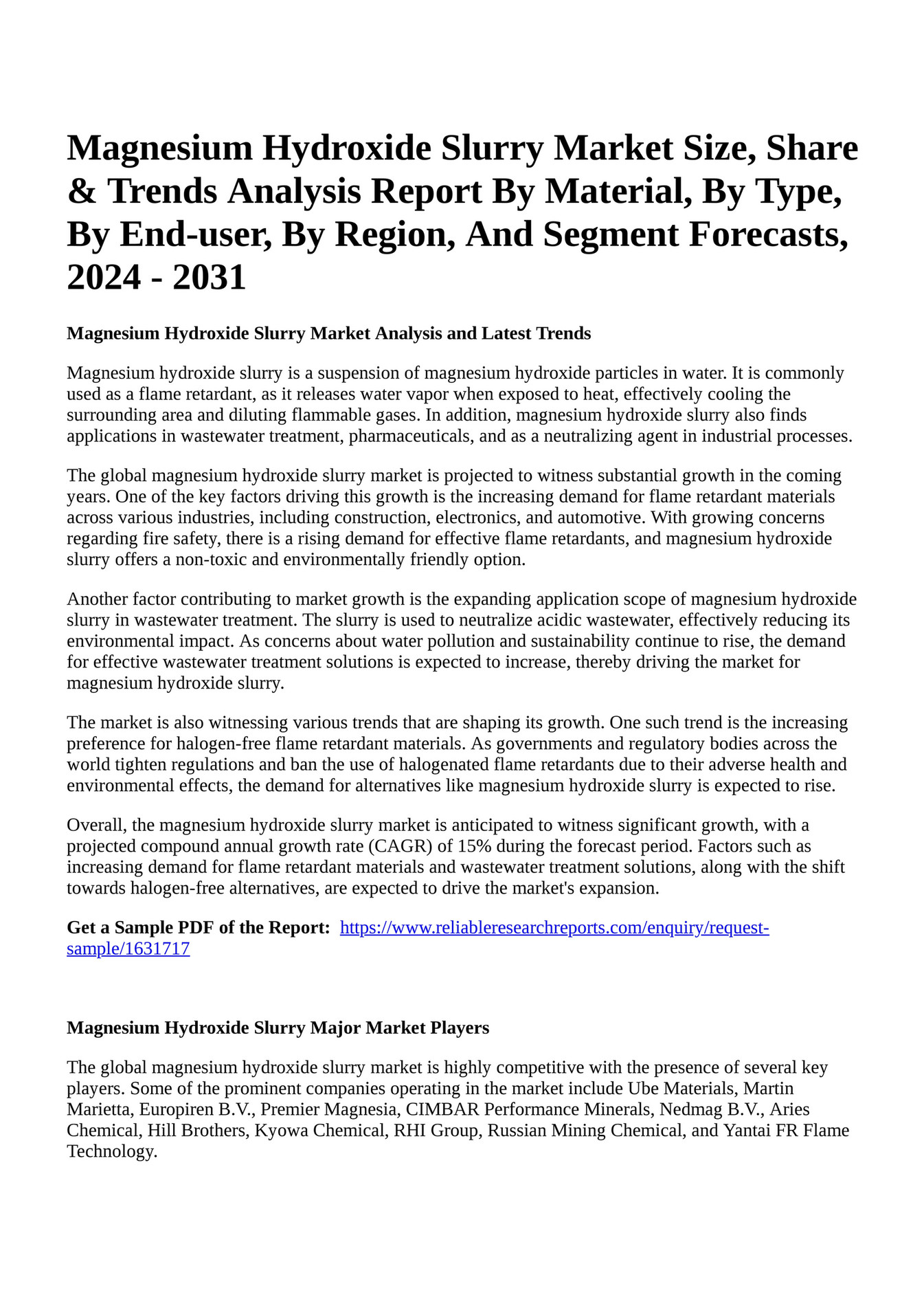 Reportprime Magnesium Hydroxide Slurry Market Size, Share & Trends