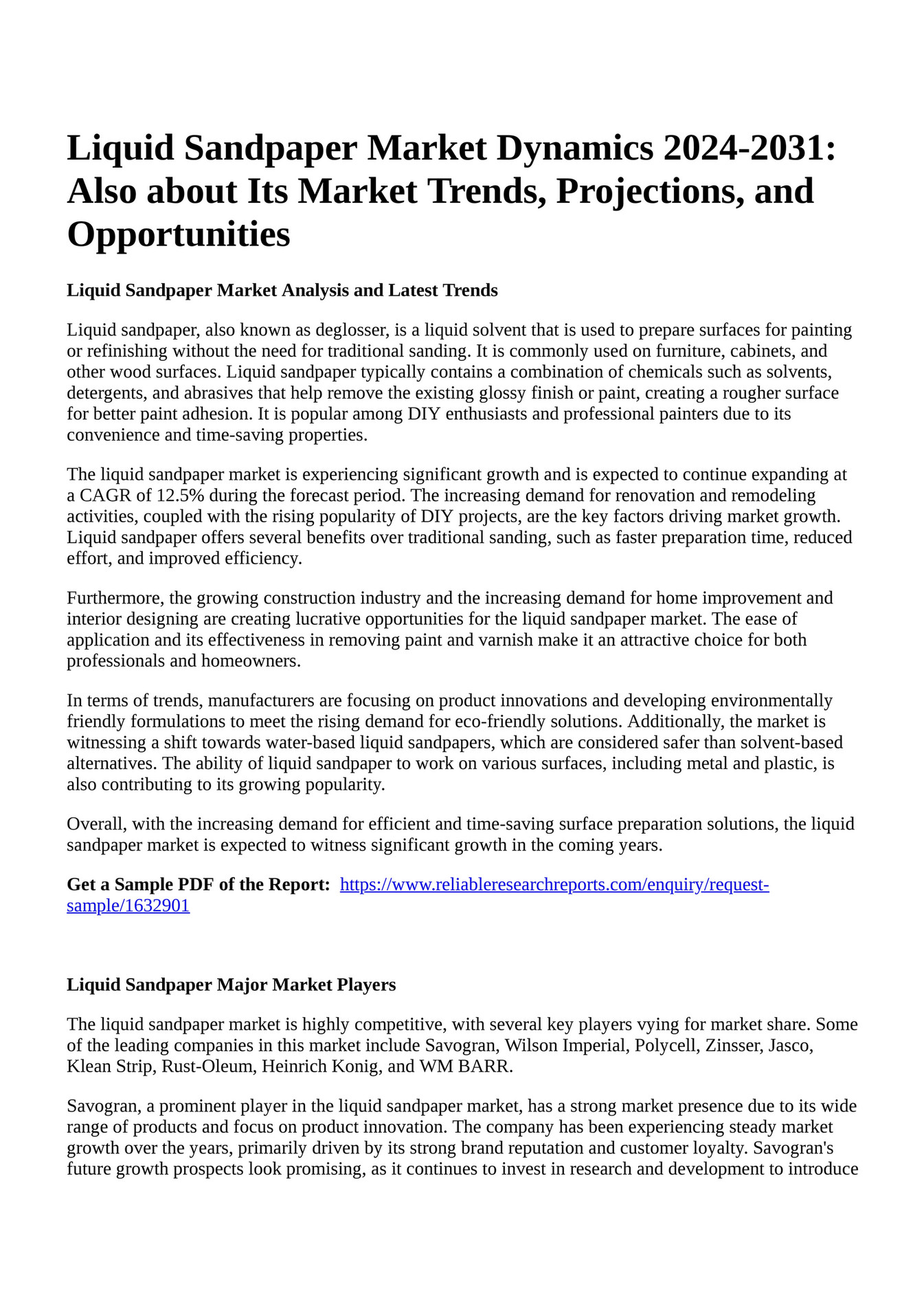 Reportprime Liquid Sandpaper Market Dynamics 20242031 Also about