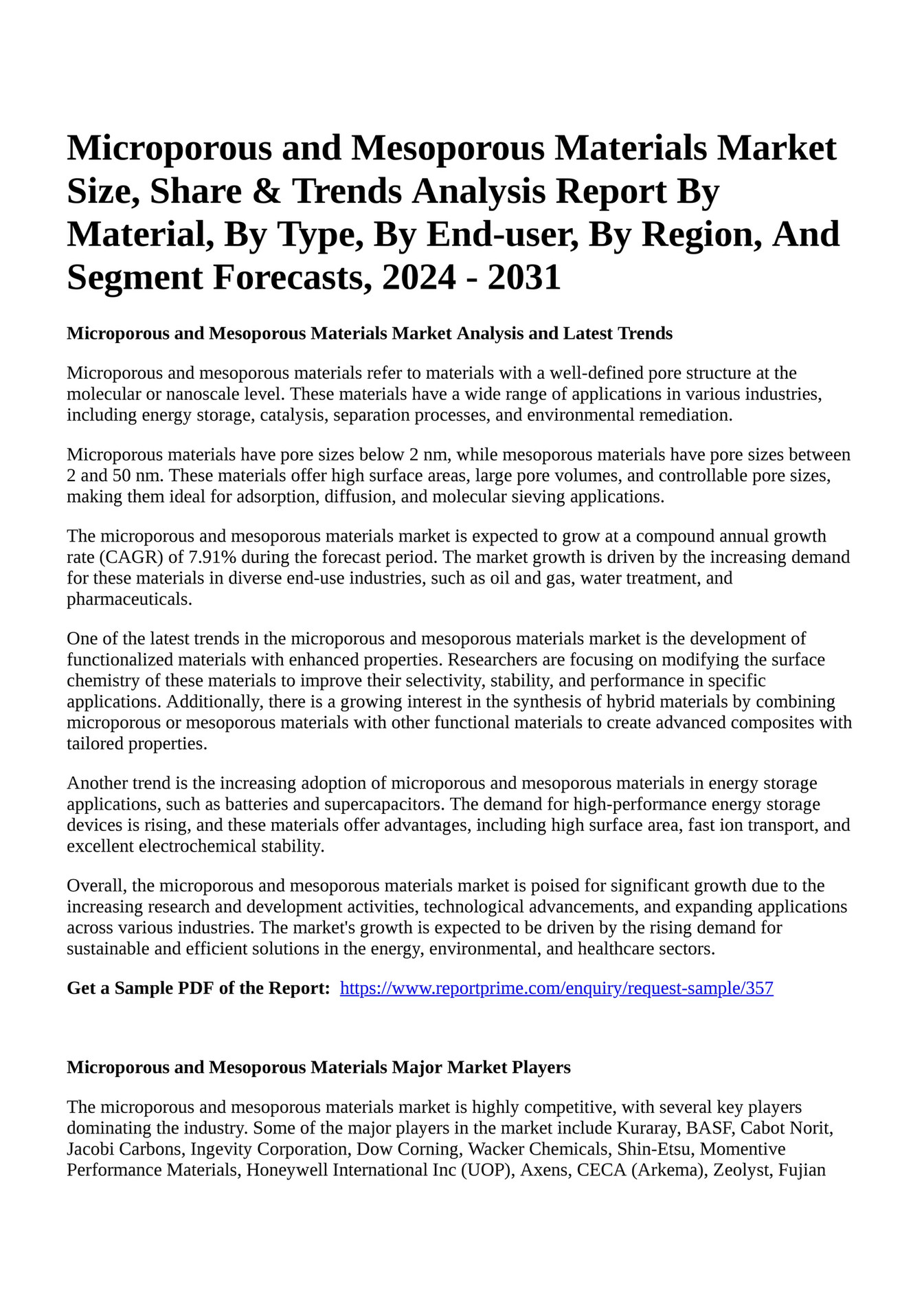 Reportprime Microporous and Mesoporous Materials Market Size, Share