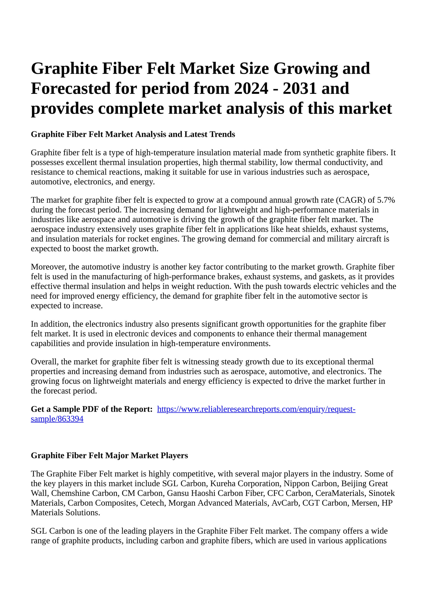 Carbon & Graphite Felt Market Size, Share with Competitive Analysis